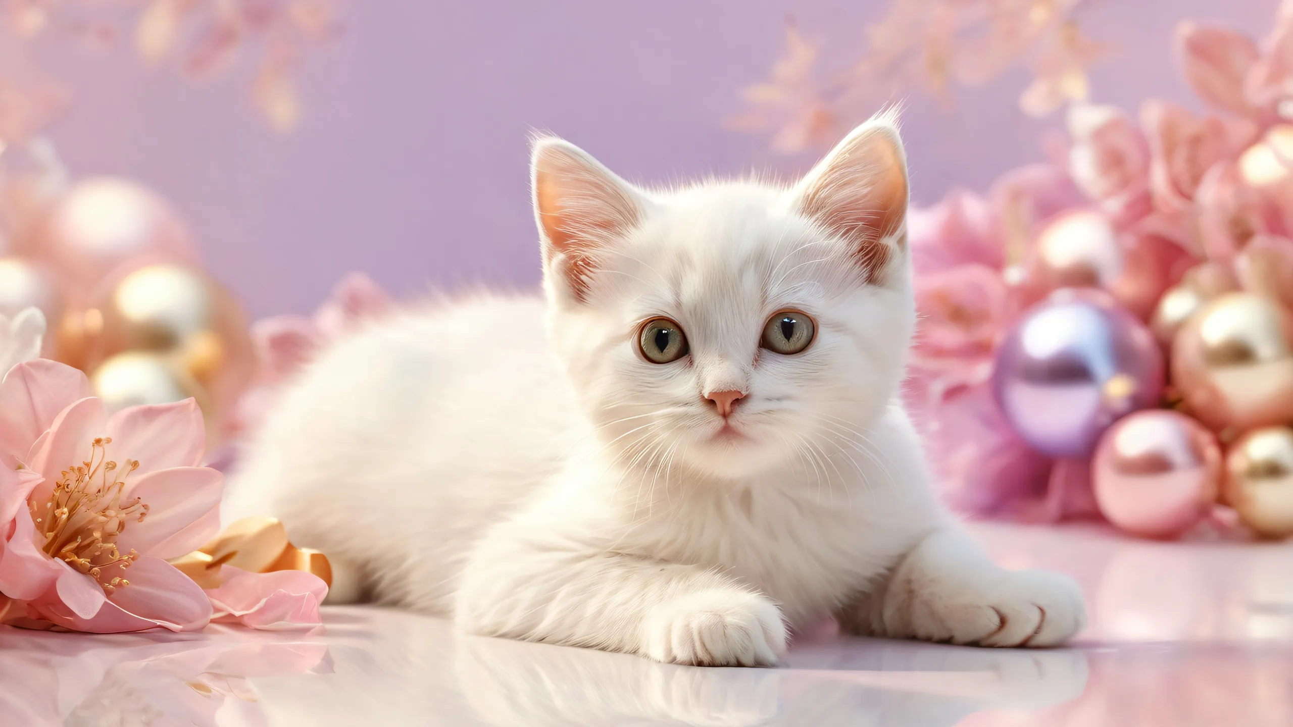 A whimsical desktop featuring a kitten amidst a vast, pristine void with radiant lighting and photorealistic details for PC users.