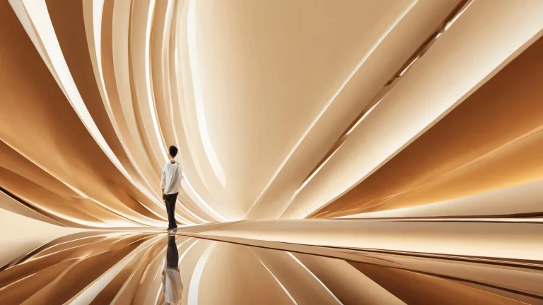 A serene and radiant desktop scene of a man amidst a vast pure void on a desktop/pc, perfect for a peaceful work environment.