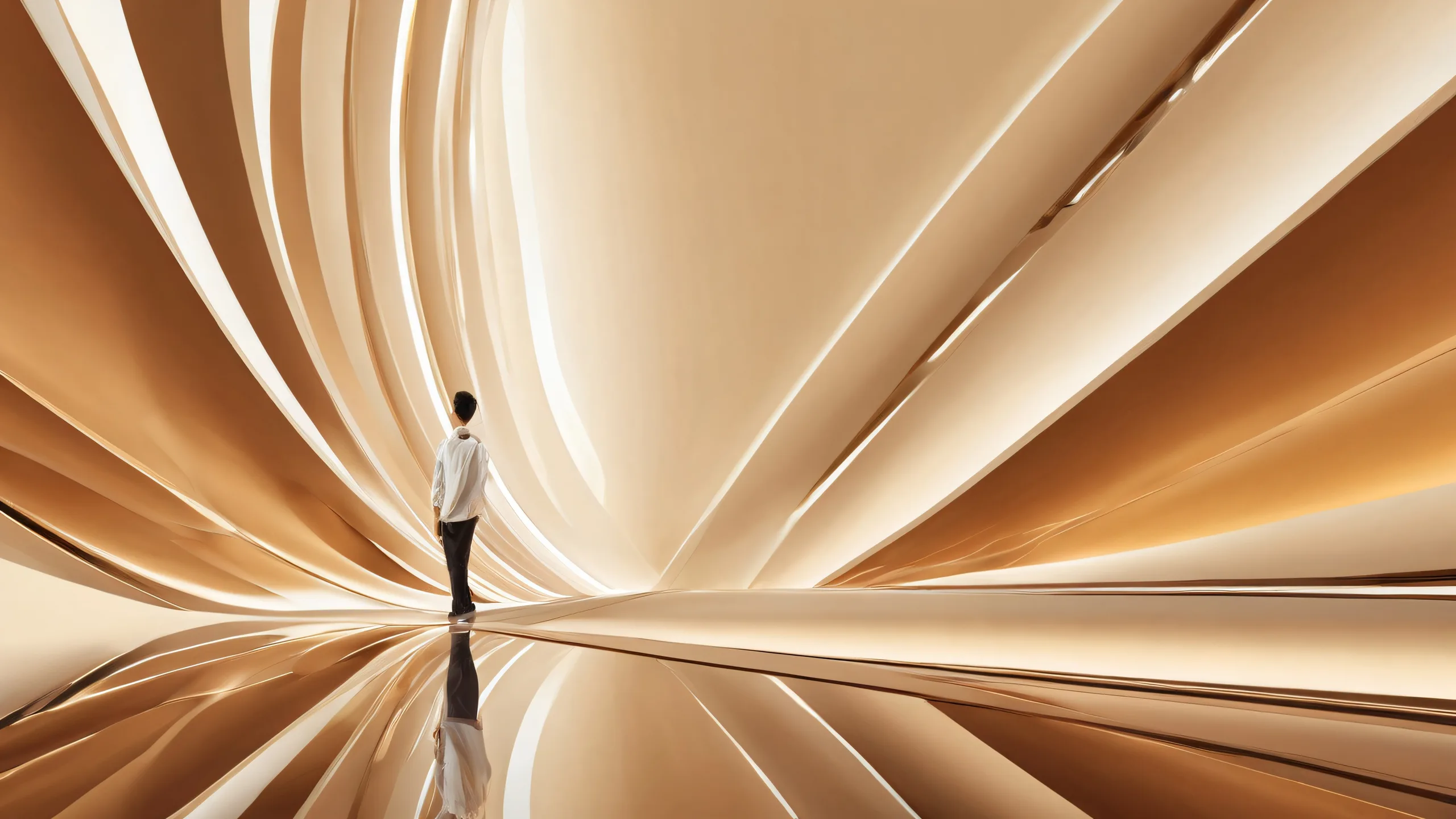 A serene and radiant desktop scene of a man amidst a vast pure void on a desktop/pc, perfect for a peaceful work environment.