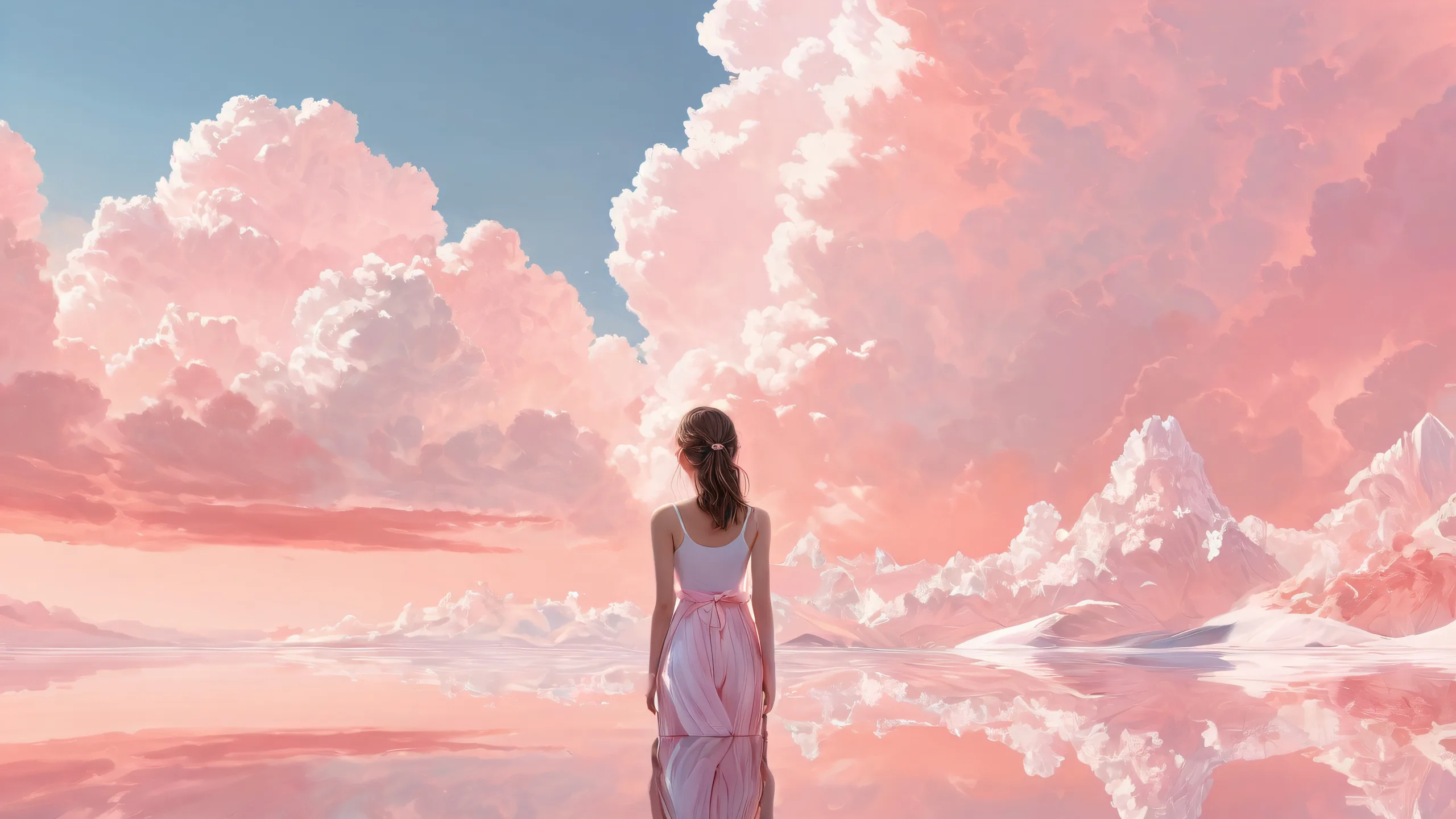 A serene and tranquil desktop scene featuring a single girl amidst a vast pure void with exquisite lighting, perfect for PC or Desktop use.