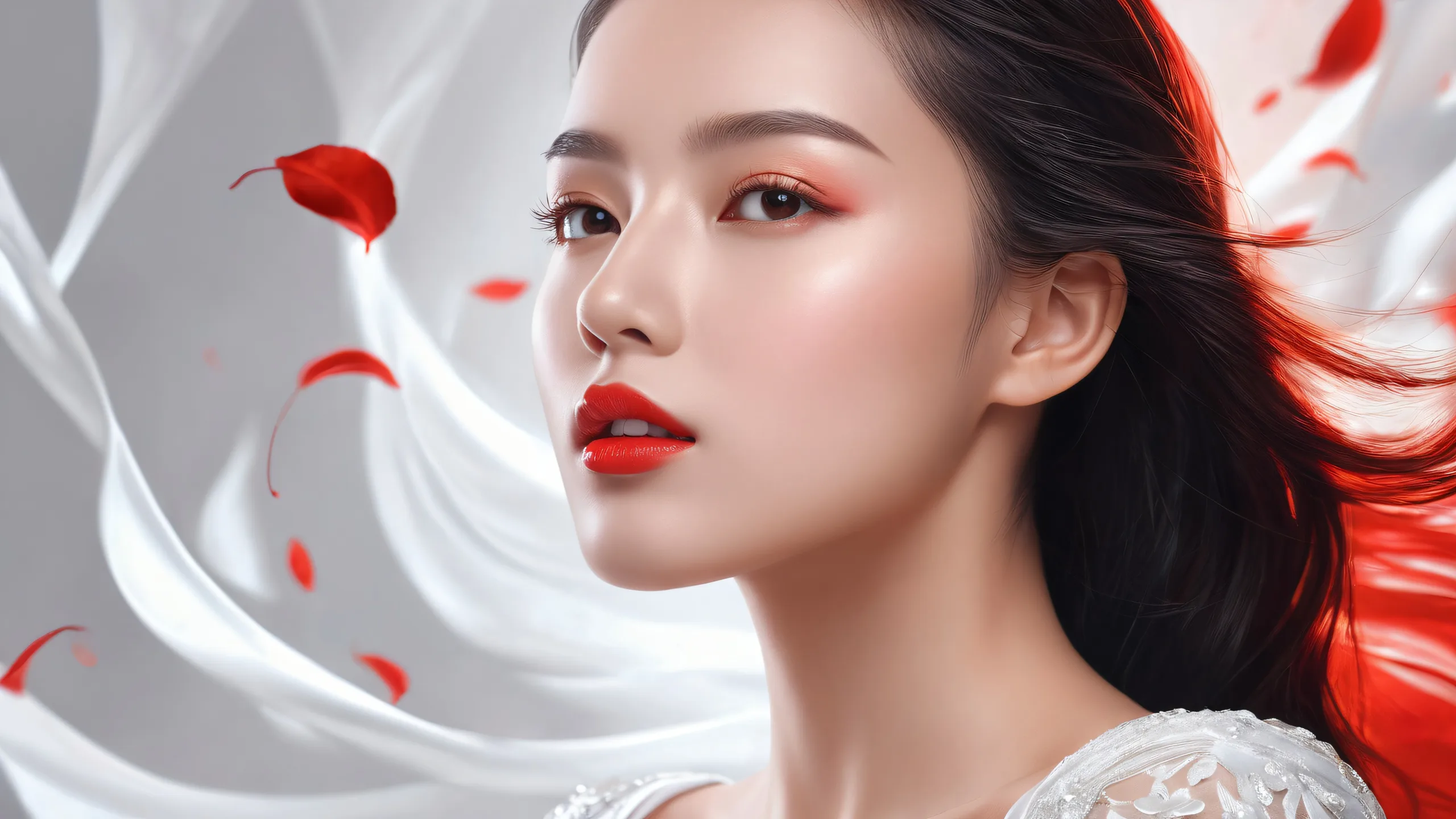 A serene and tranquil desktop background featuring a woman amidst a vast, pure void, perfect for your PC or laptop.