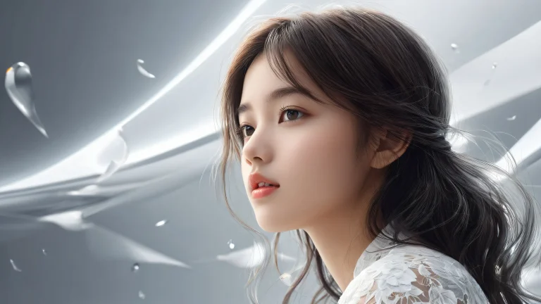 A serene desktop scene featuring a single girl amidst a vast, pure void with radiant lighting and intricate details.