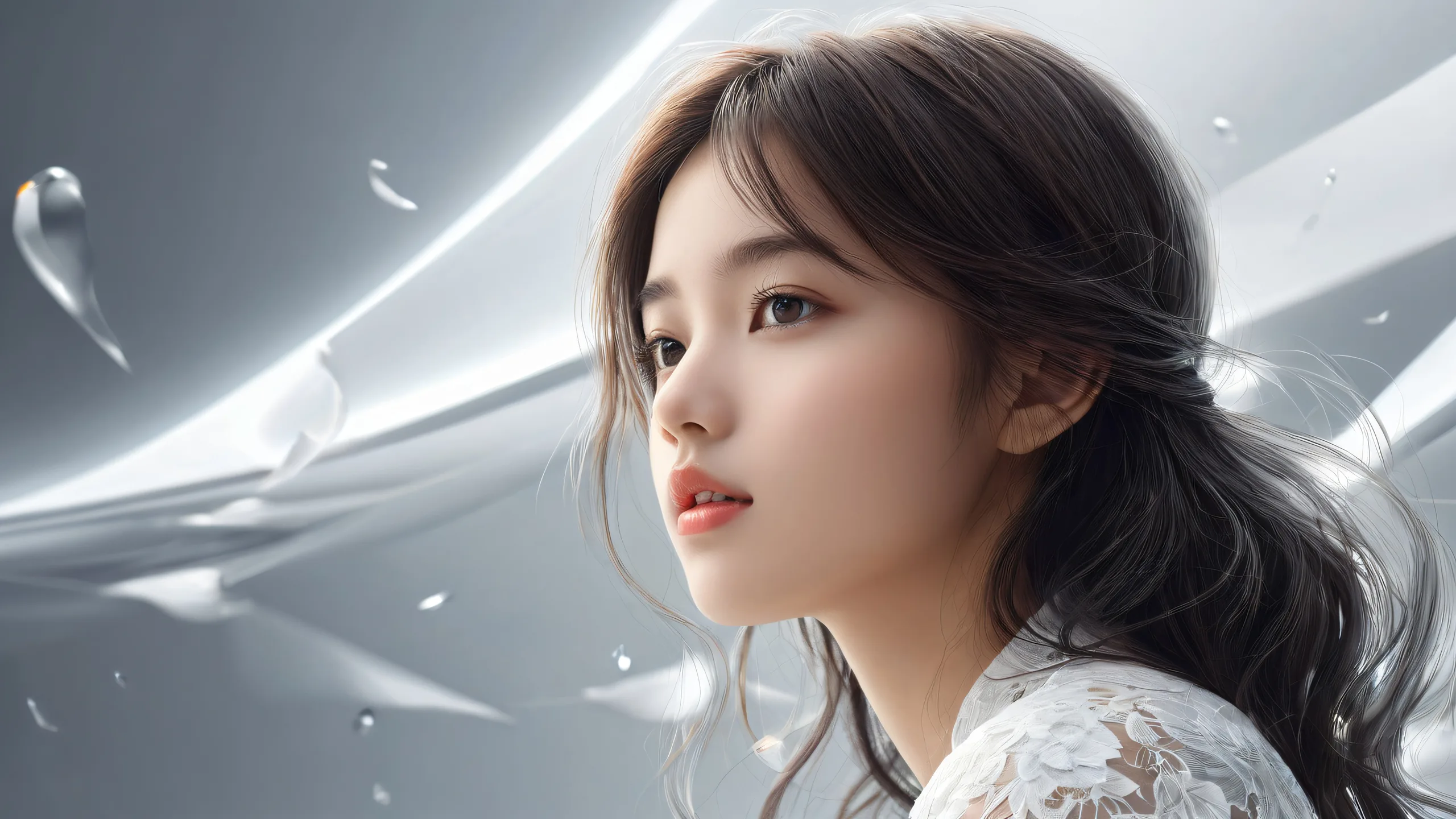 A serene desktop scene featuring a single girl amidst a vast, pure void with radiant lighting and intricate details.