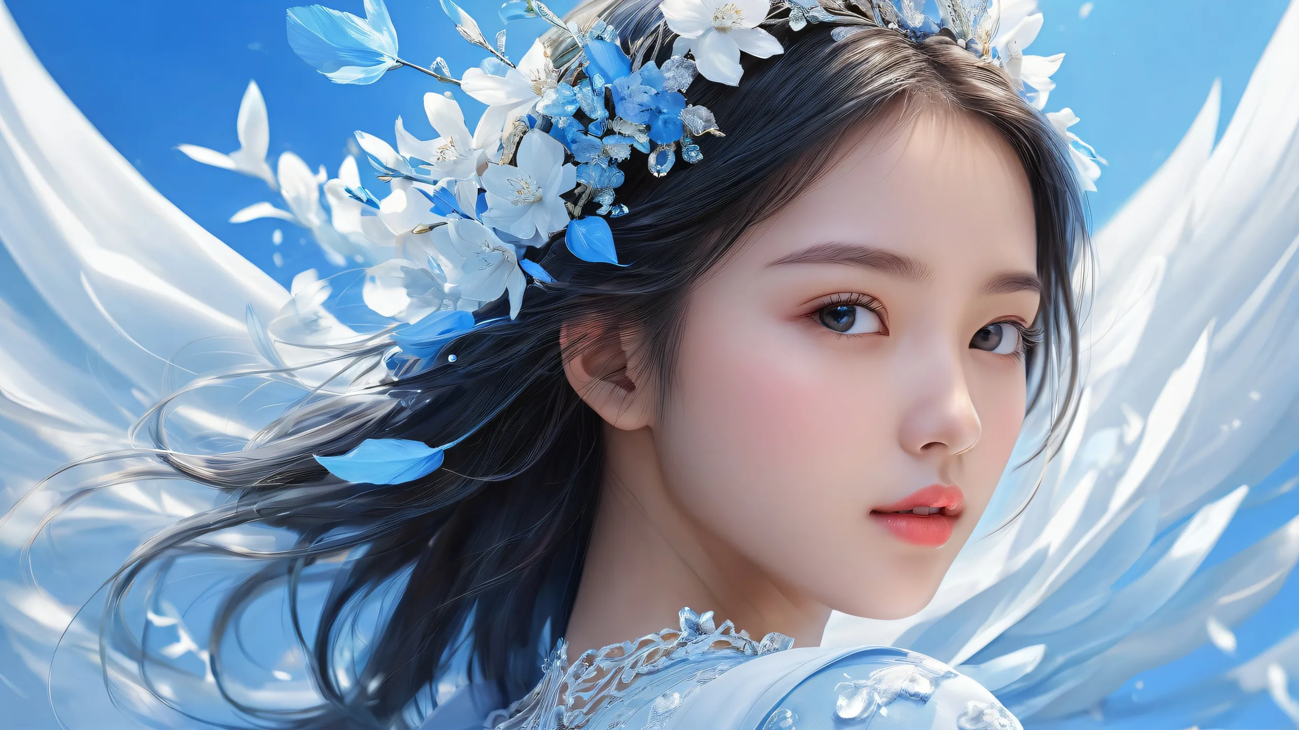 A breathtaking desktop wallpaper of a girl in a perfectly clean vast pure void with extreme depth of field and ethereal lighting for Desktop/PC.