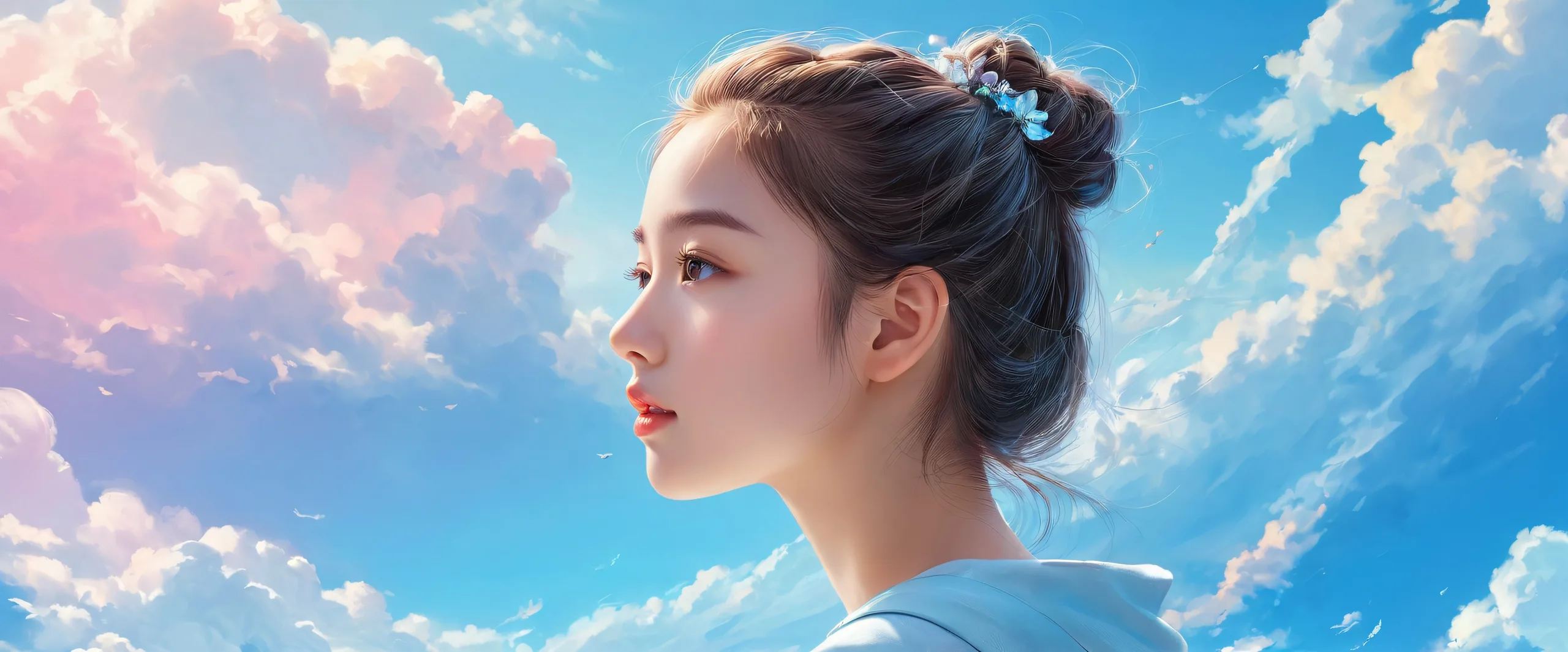 A serene and breathtaking digital artwork of a girl surrounded by a vast pure void on a desktop or PC, featuring extreme depth of field, ray-traced reflections, and radiant colors.