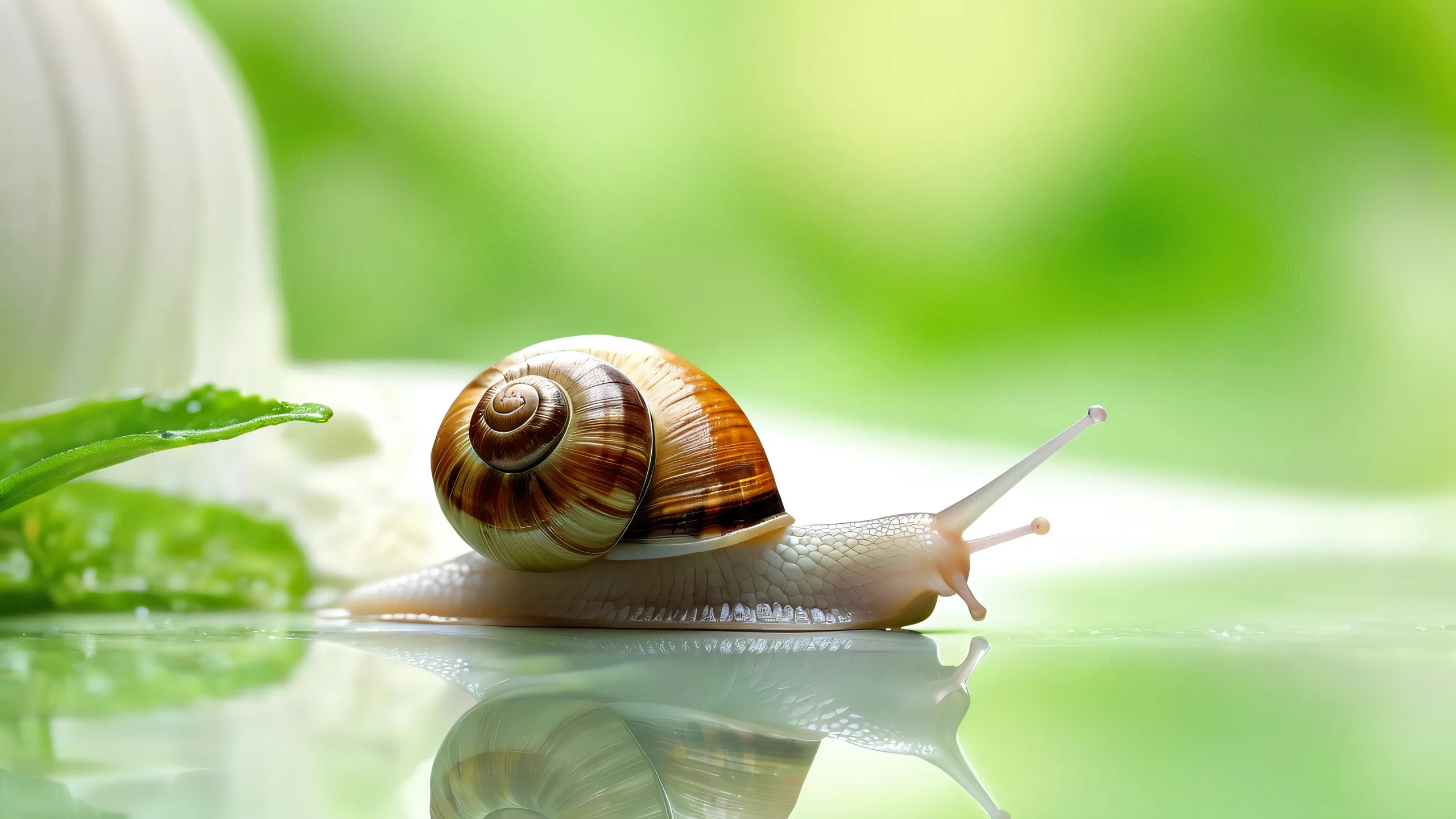 4K Ethereal Oasis Blooms Desktop Backgroundvide pur avec un éclairage éthéré et des couleurs rayonnantes A serene desktop scene featuring a snail amidst a vast, pure void with ethereal lighting and radiant colors.