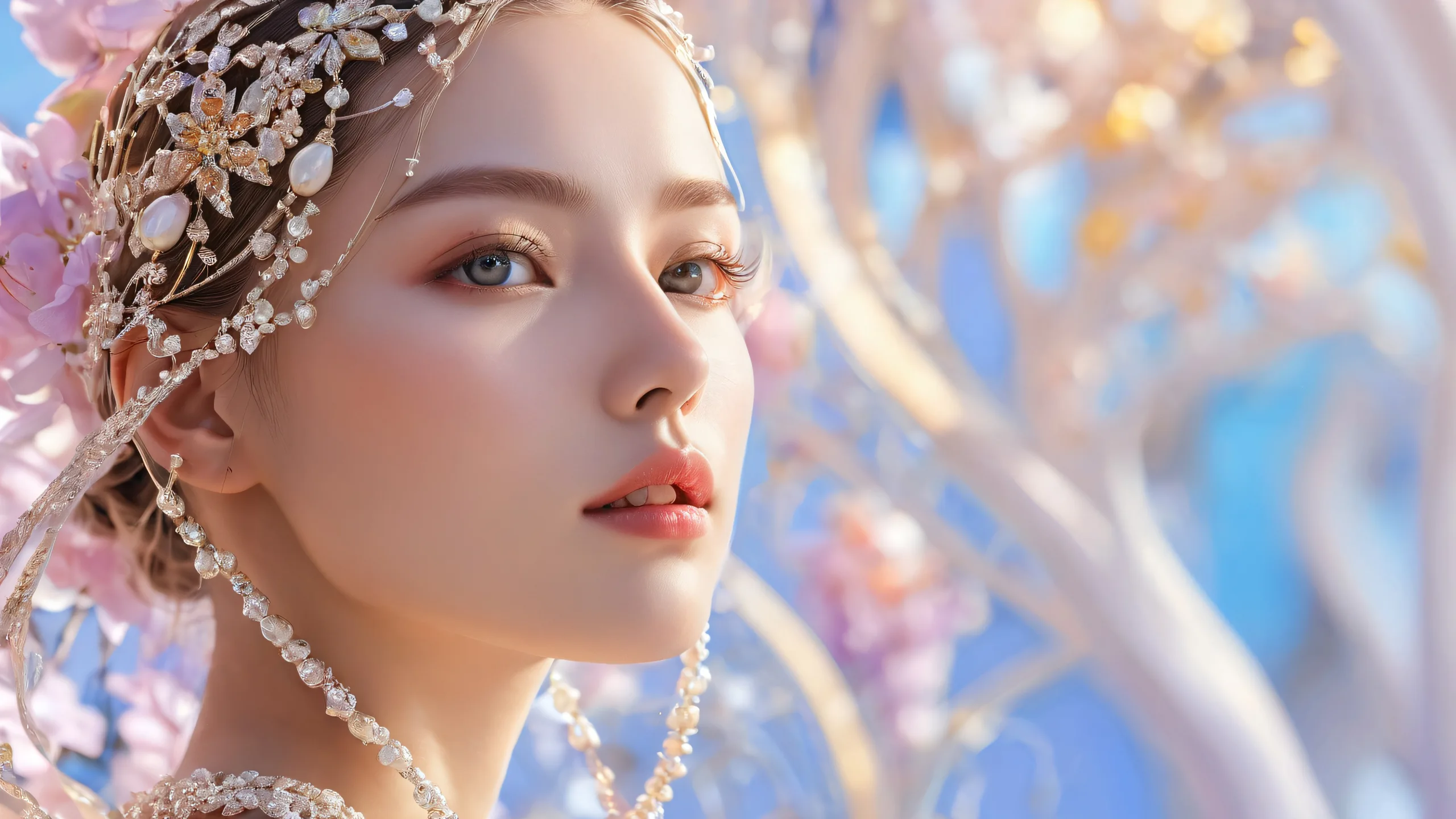 A breathtaking desktop wallpaper featuring a woman in a vast, pure void with extreme depth of field and ethereal lighting for PC or Desktop.