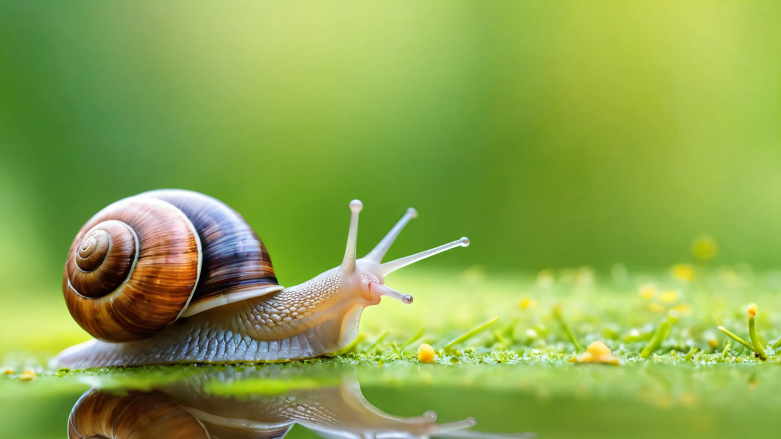 Snail in a pristine desktop void with garden-like textures and radiant colors for Desktop/PC