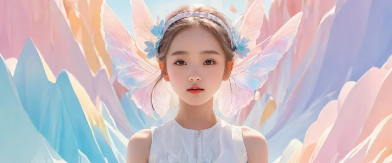 Girl standing in a vast pure void with radiant colors and reflections on her dress, perfect for desktop/pc backgrounds.