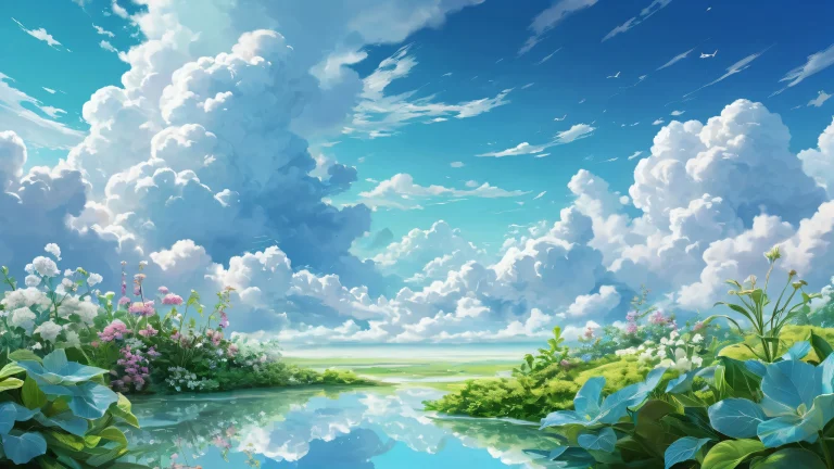 A serene desktop wallpaper featuring clouds and plants in the distance on a pristine void, perfect for use on Desktop/PC.