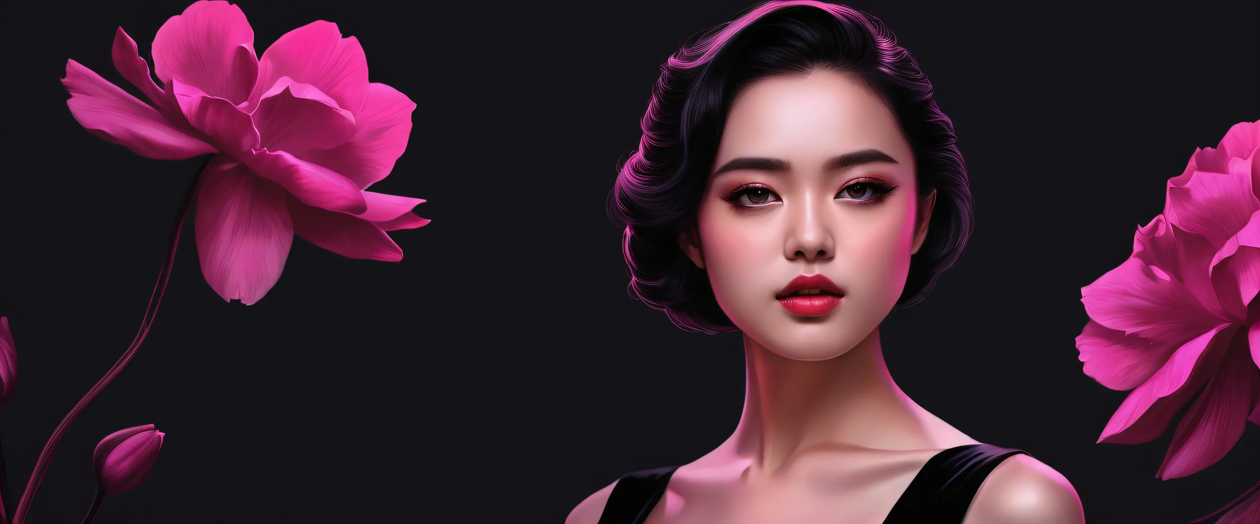 A breathtaking desktop wallpaper of a woman surrounded by a vast pure void on a dark mode background, suitable for Desktop/PC.