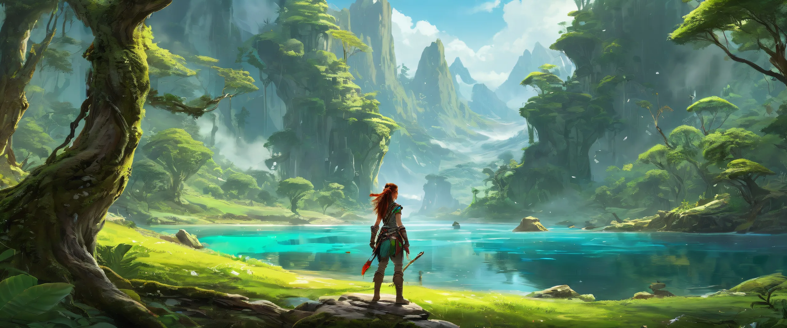 Award-winning digital art of Aloy in a vast pure void with forest atmosphere and radiant lighting on a desktop/PC.