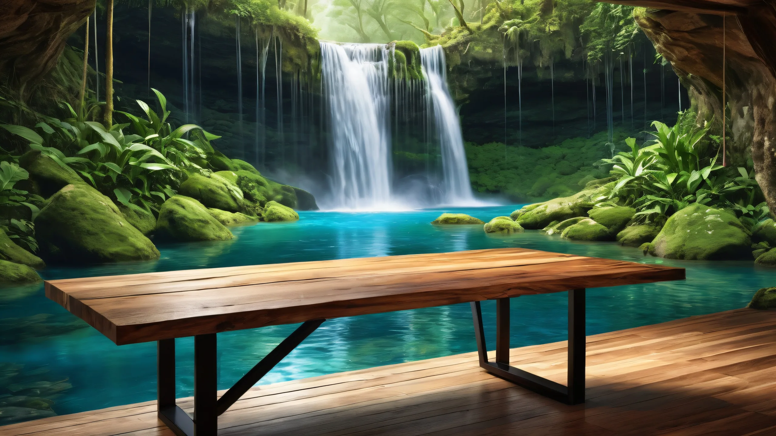 A serene desktop wallpaper of a waterfall surrounded by a vast pure void, featuring an worn wooden table as a focal point. Suitable for Desktop/PC.
