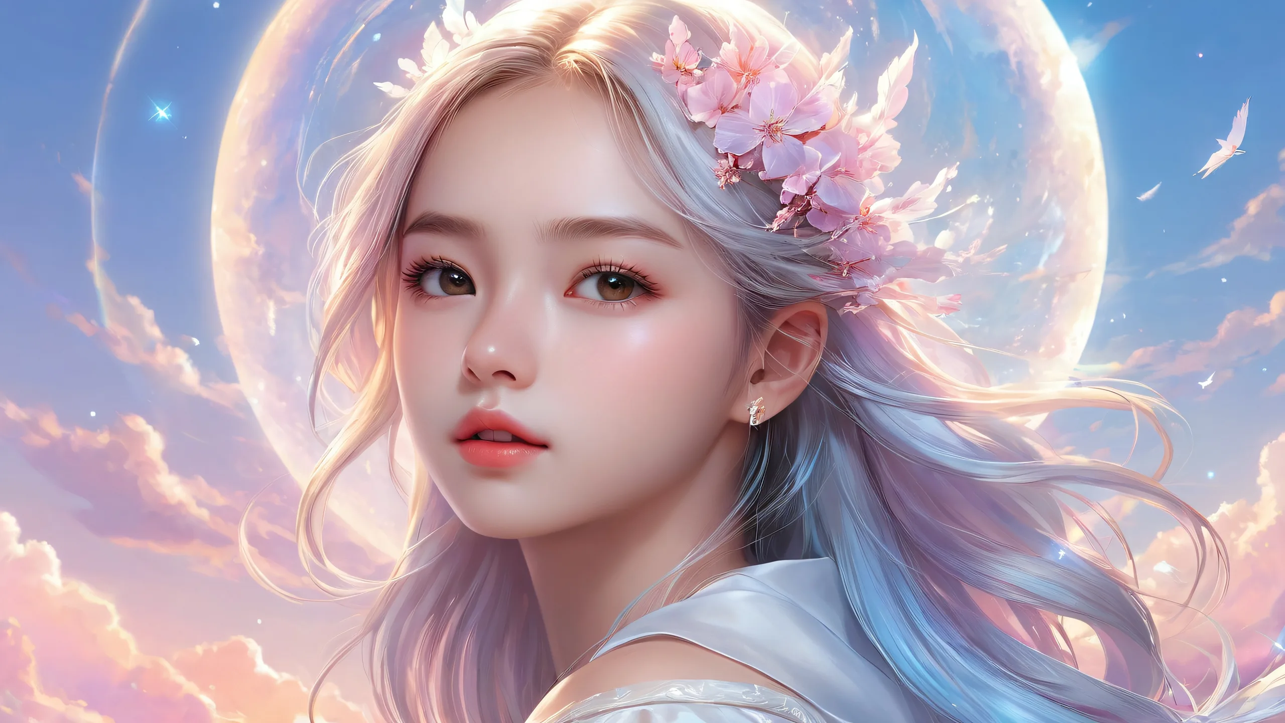 Girl standing in a vast pure void with radiant lighting and brilliant colors on a desktop/pc