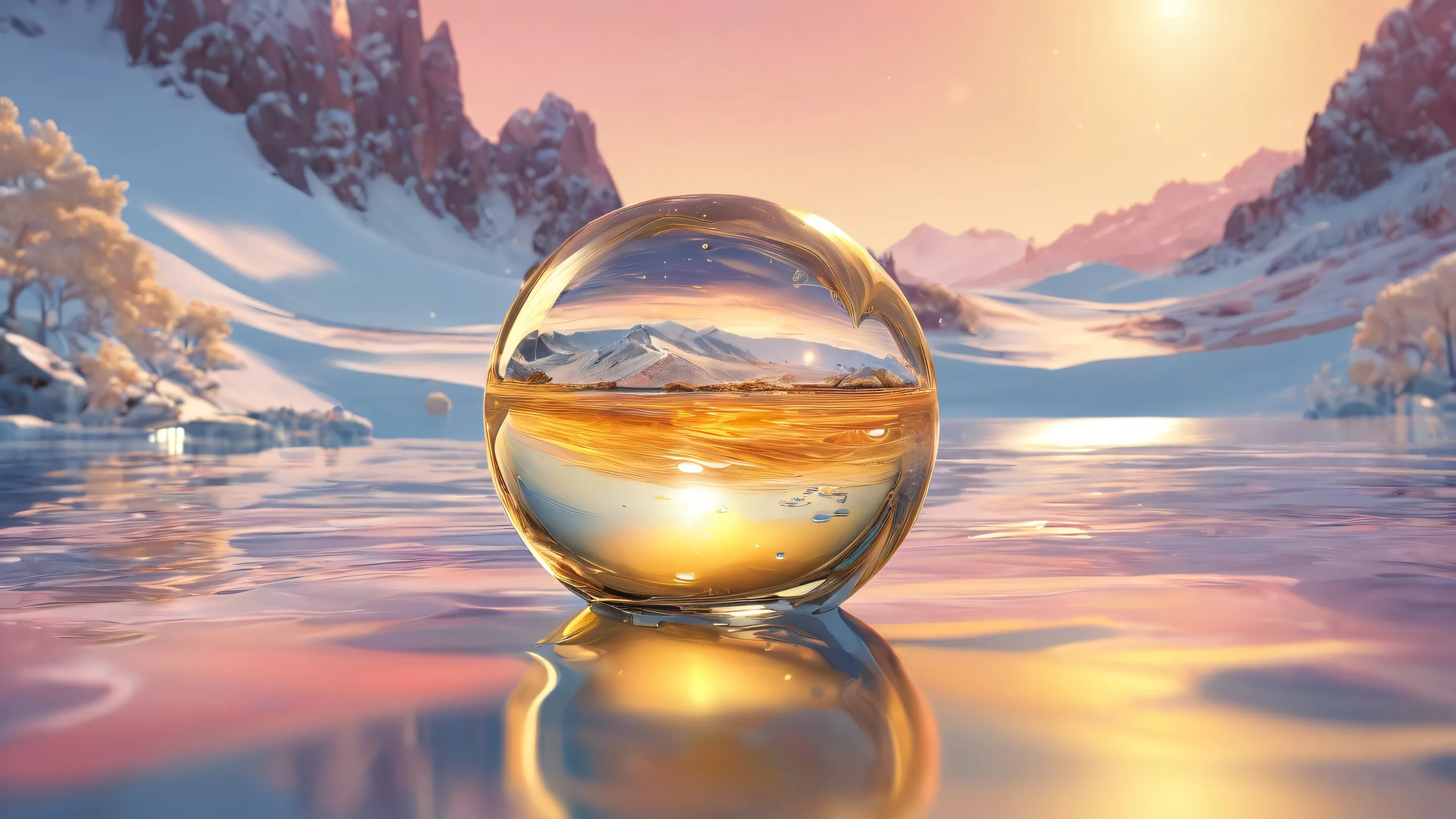 A serene desktop scene of an otherworldly void on a Desktop/PC, with radiant colors and reflections.