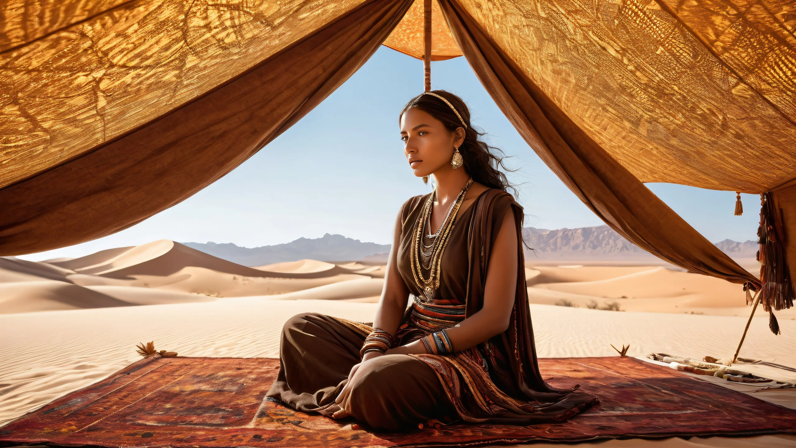 A serene desert nomad woman's tent interior with vibrant textiles and radiant lighting for a desktop/pc background.