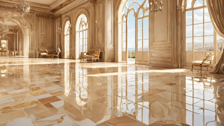 A serene desktop scene featuring a man standing amidst pristine beige tile flooring and a breathtaking background with radiant colors, ray-traced reflections, and an airy atmosphere perfect for your PC or Desktop.