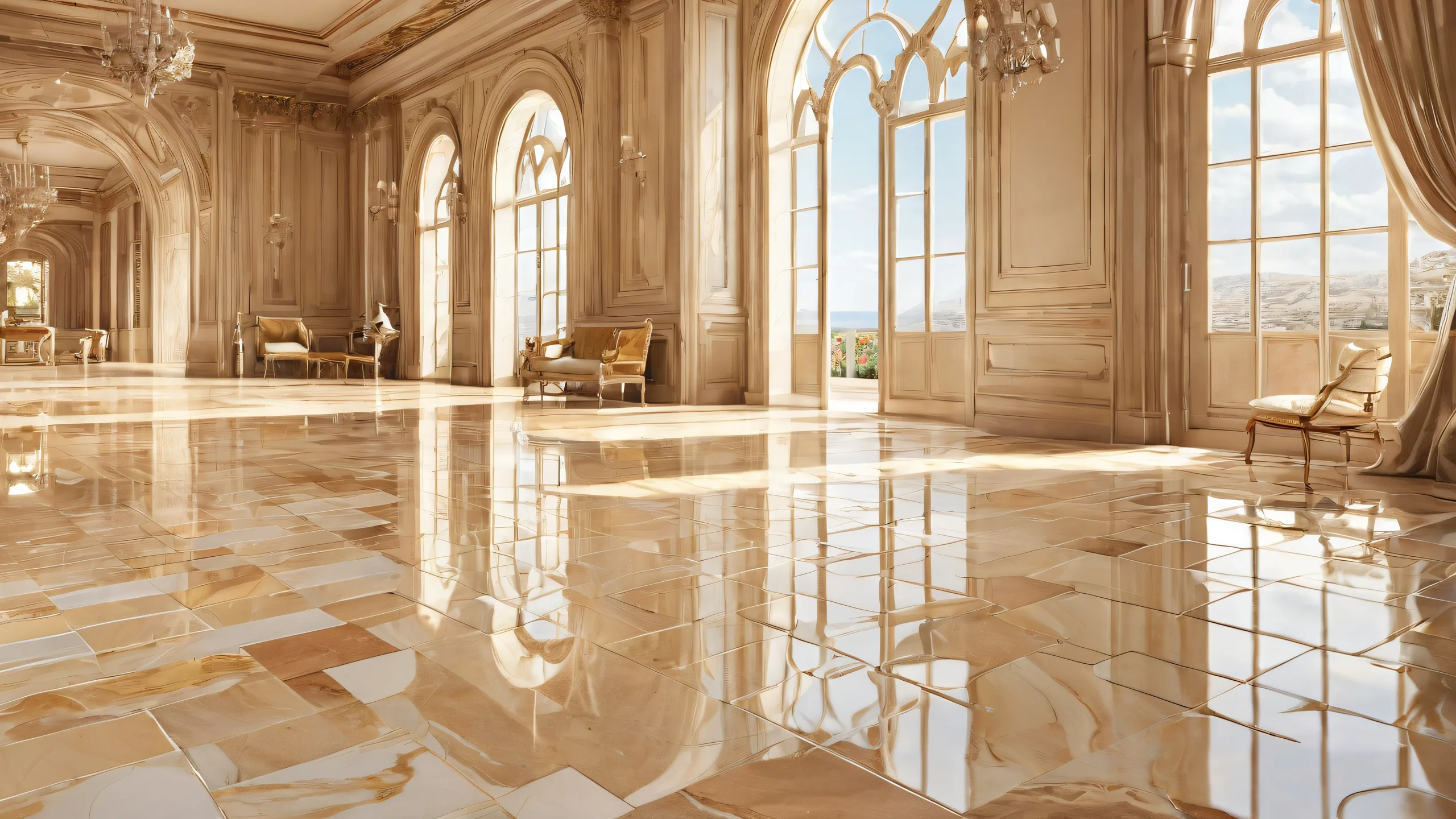 A serene desktop scene featuring a man standing amidst pristine beige tile flooring and a breathtaking background with radiant colors, ray-traced reflections, and an airy atmosphere perfect for your PC or Desktop.