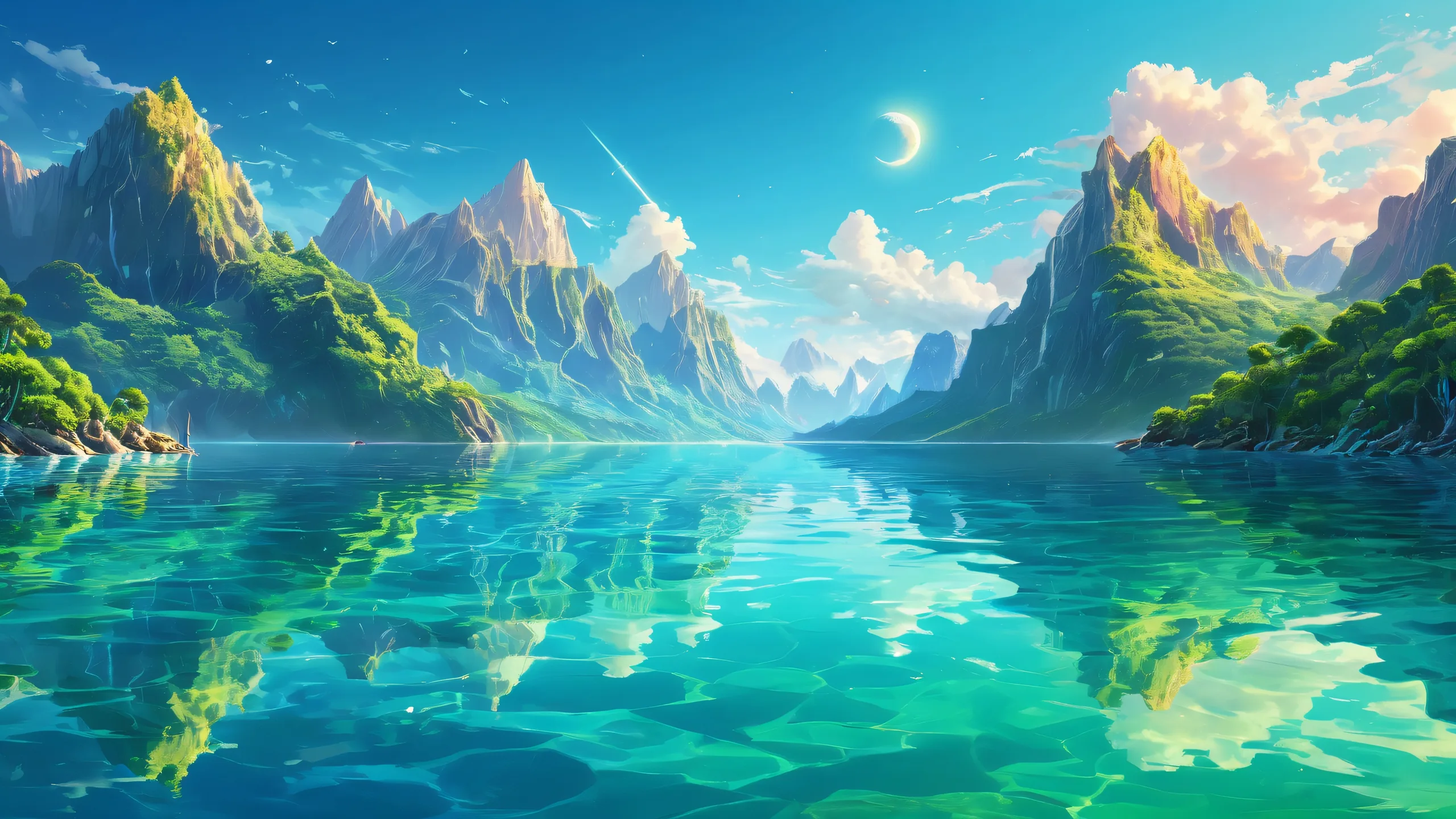Ethereal Oasis Depths 4K UHD Wallpaper A serene desktop wallpaper featuring a tranquil standing in water scene with pure void and ethereal lighting for your PC or Desktop.