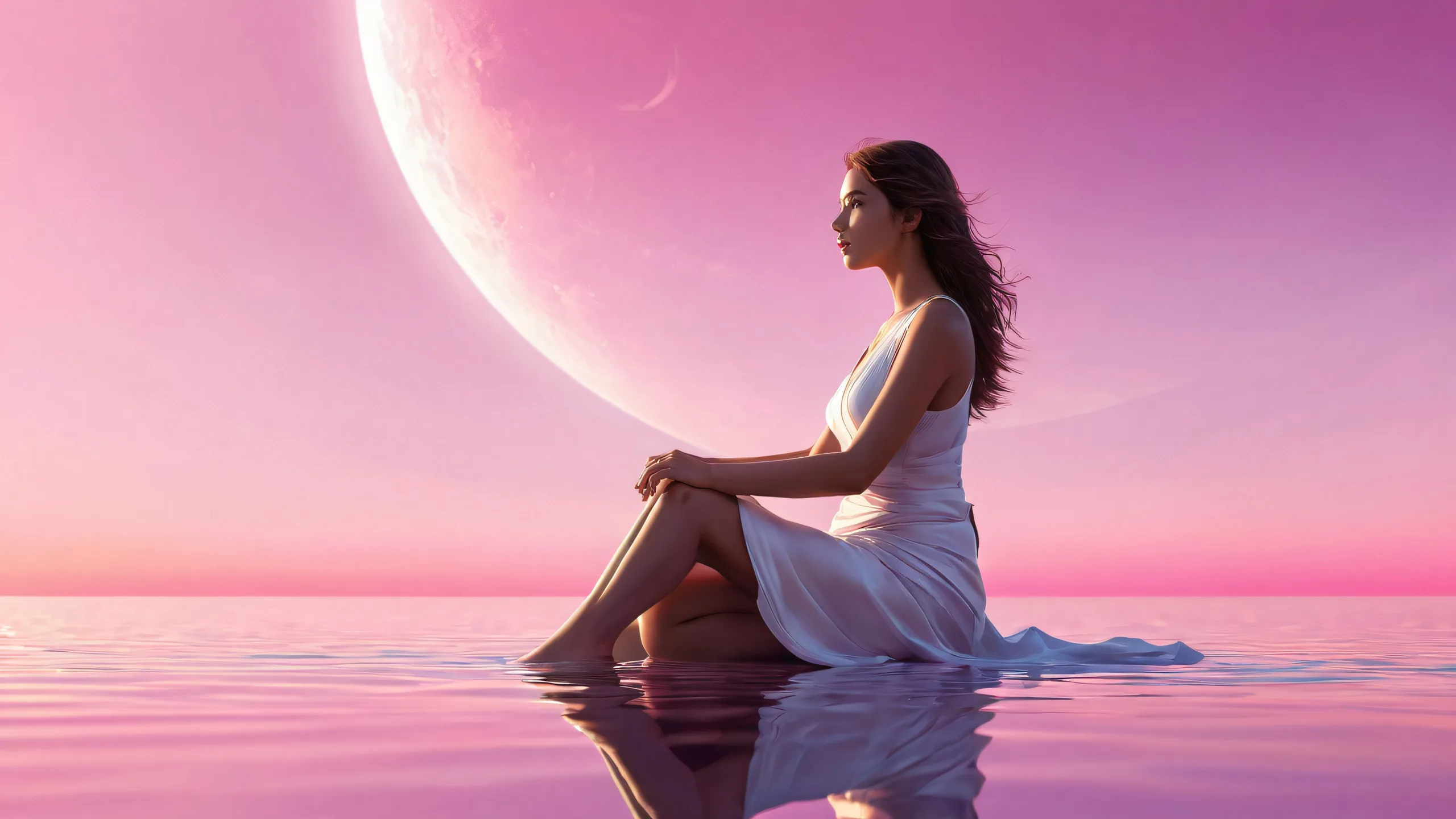 A serene Seated Female Figure surrounded by a vast pure void on a desktop or PC screen.