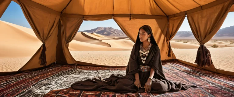 A majestic desert nomad woman surrounded by a serene and pure void, perfect for your desktop/pc.
