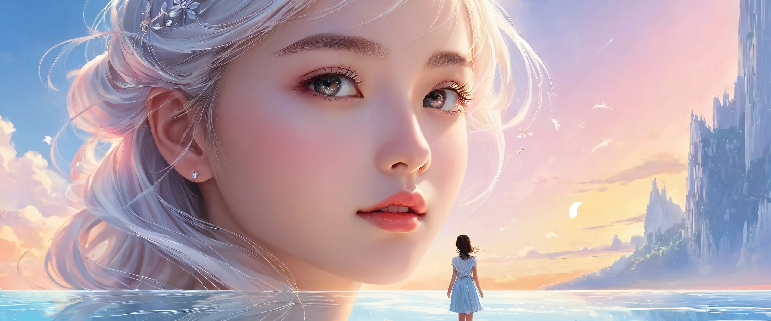 Beautiful solo girl in a vast pure void with exquisite lighting and textures on a desktop/pc background.