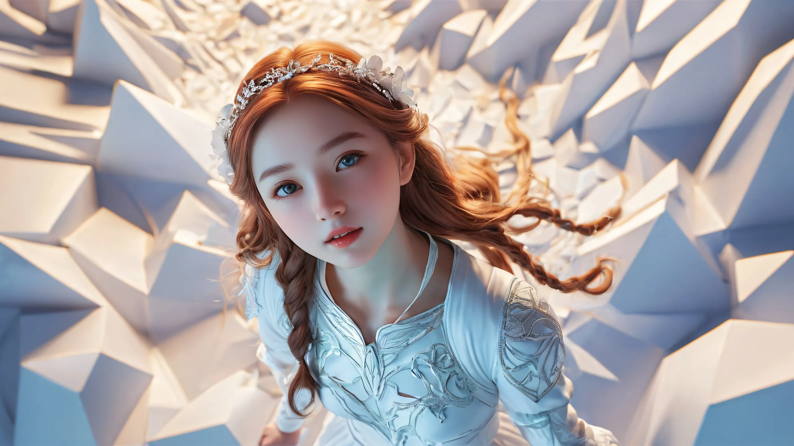 A beautiful desktop image of a girl in a vast pure void with extreme depth of field, suitable for PC or Desktop use.