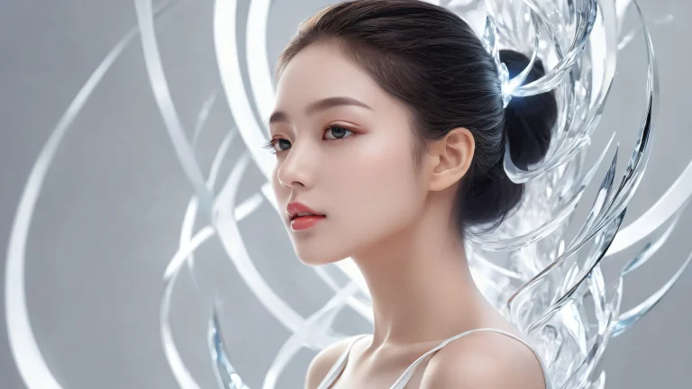 Uma cena serena e pacífica na área de trabalho apresentando uma mulher cercada por um vasto vazio puro, contra um fundo preto etéreo. Perfeito para seu desktop/PC.