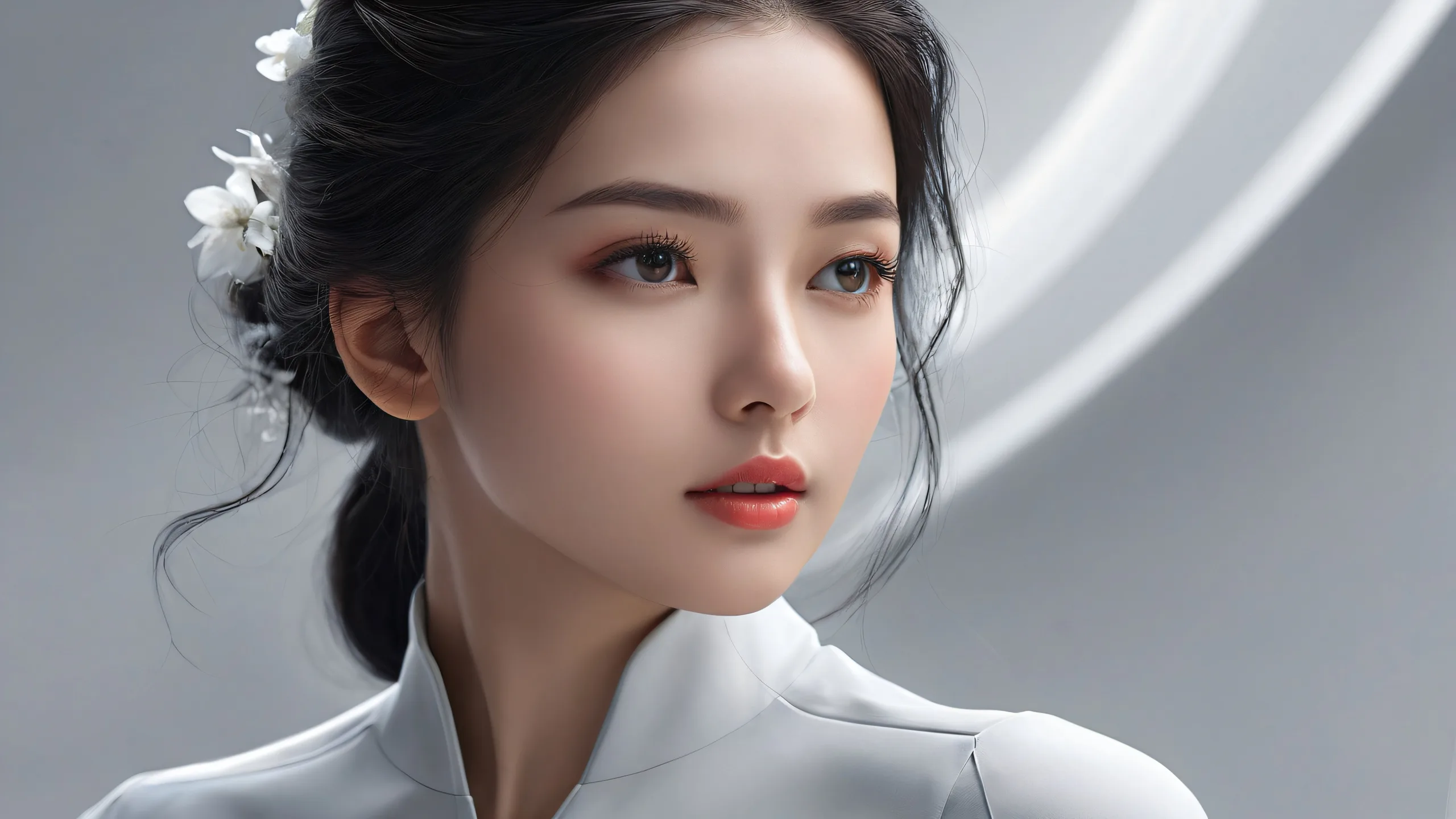 Beautiful woman standing alone in a vast dark void with extreme depth of field and subtle shadows on a desktop/pc, perfect for a dark-themed wallpaper.