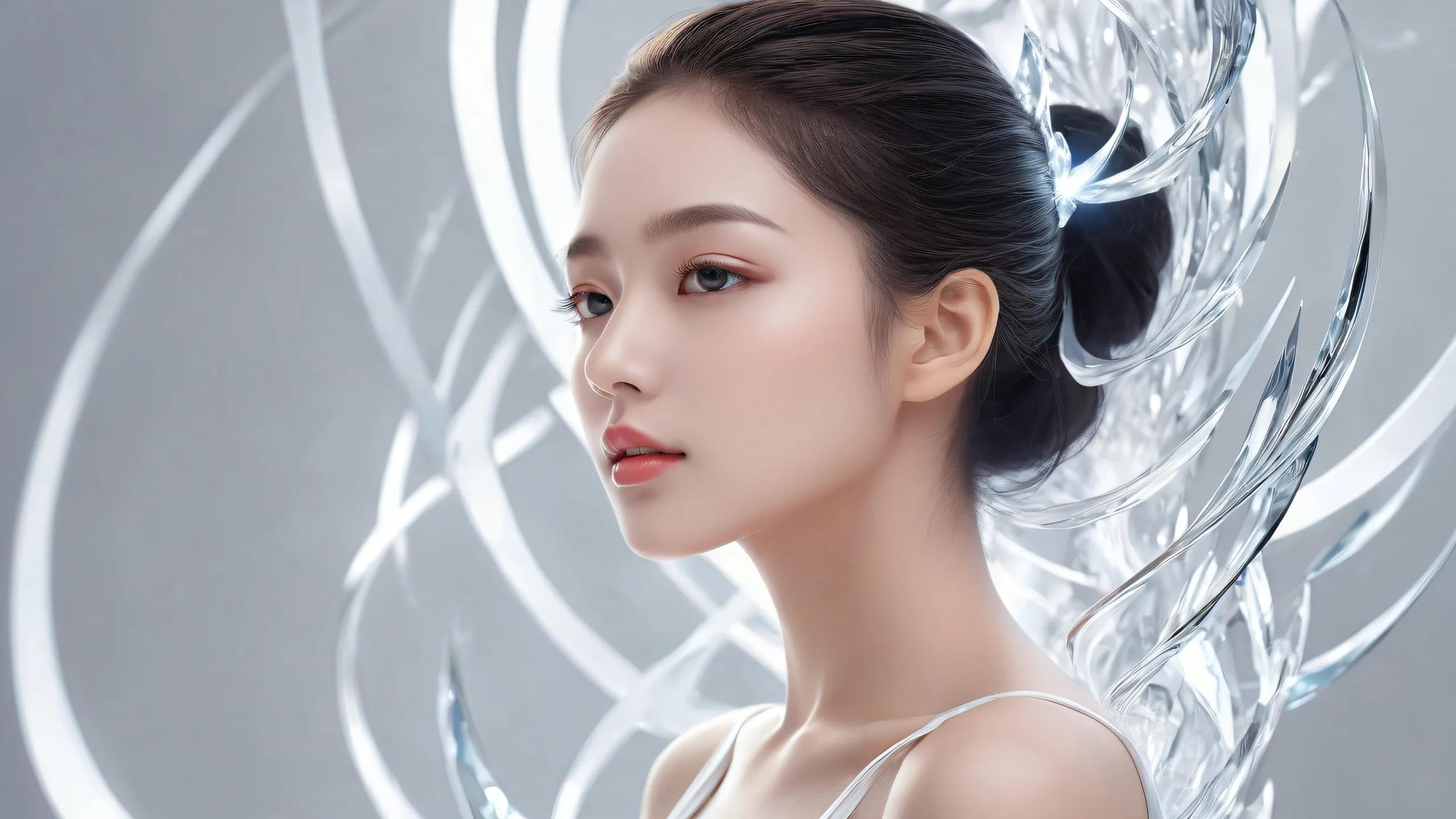 A serene and peaceful desktop scene featuring a woman surrounded by a vast pure void, set against an ethereal black background. Perfect for your Desktop/PC.