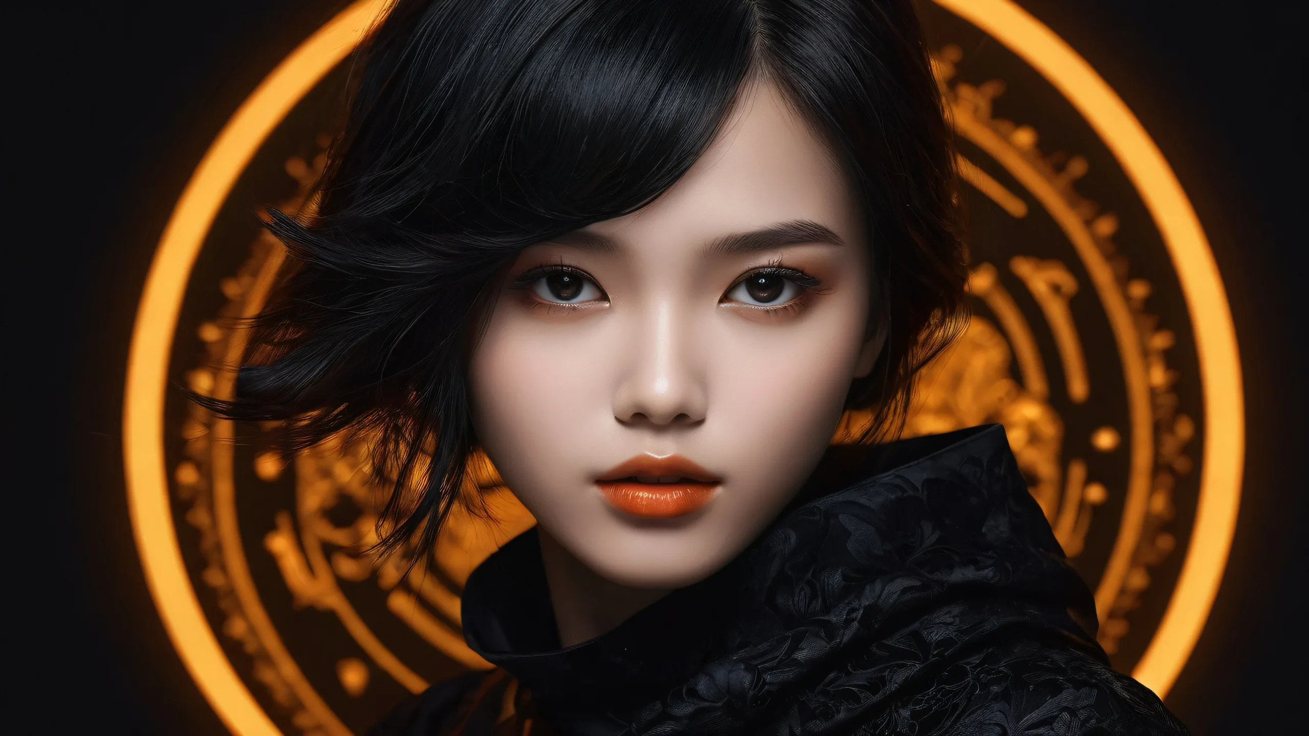 Minimalist desktop background featuring a single girl amidst a vast, dark void with luminescent accents and striking contrast. Suitable for Desktop/PC.