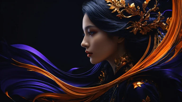 A woman surrounded by a vast, pure void on a desktop or PC screen. Deep perfect blacks and striking contrast.