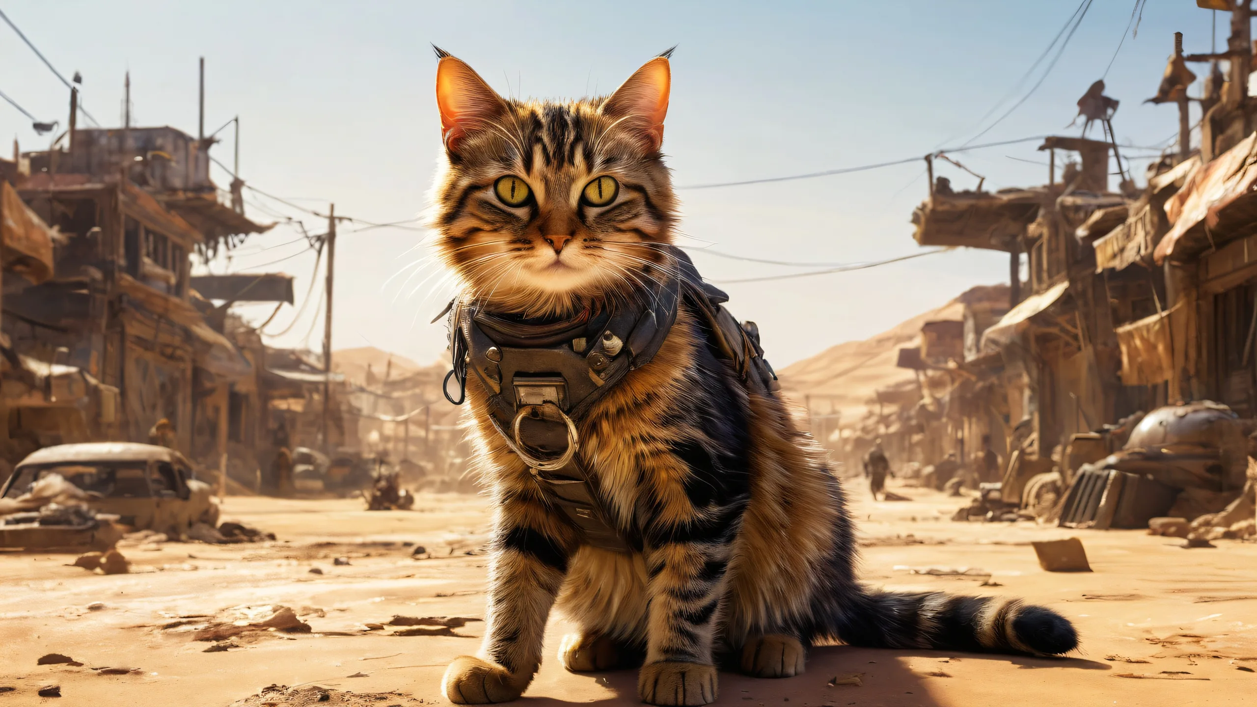 A serene cat surrounded by a vast, post-apocalyptic void on a desktop or PC