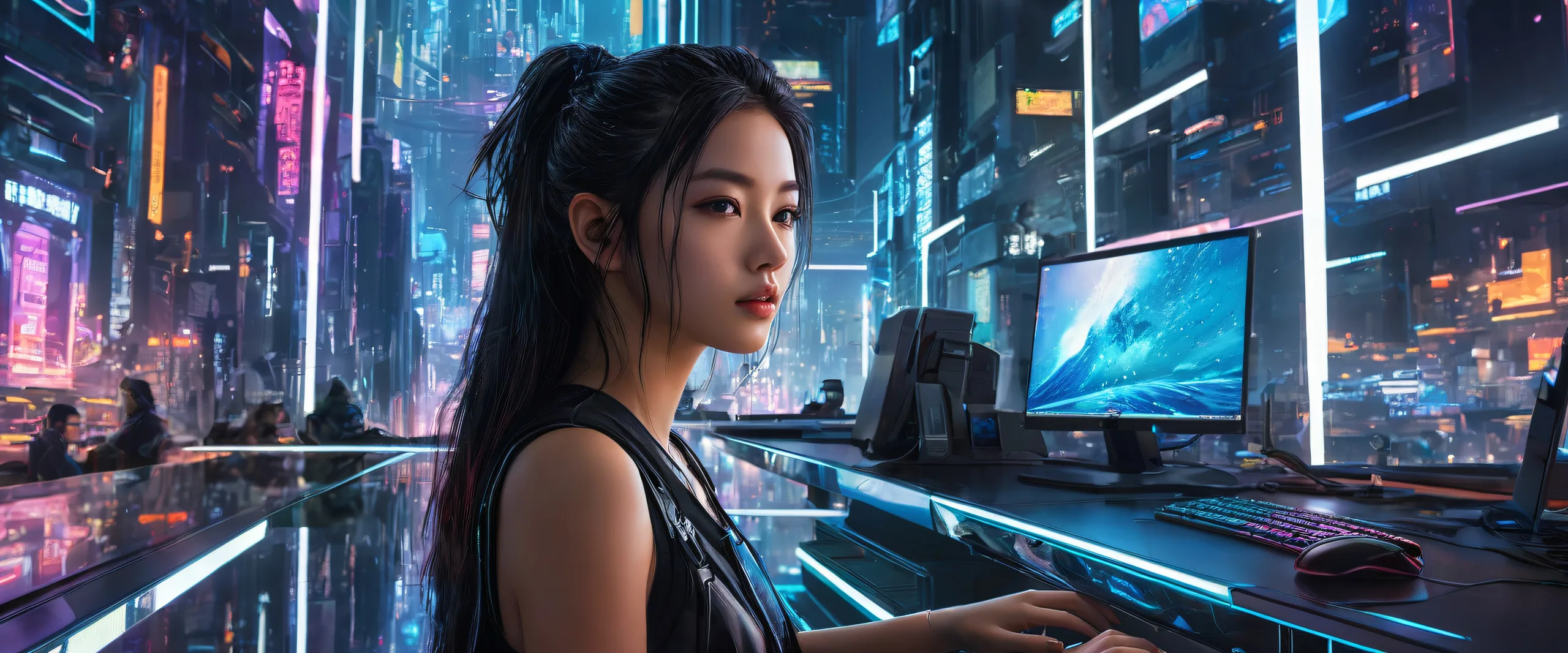 A futuristic desktop scene featuring a single girl amidst a vast, pure void, with ETHEREAL LIGHTING and pristine clarity, suitable for Desktop/PC.