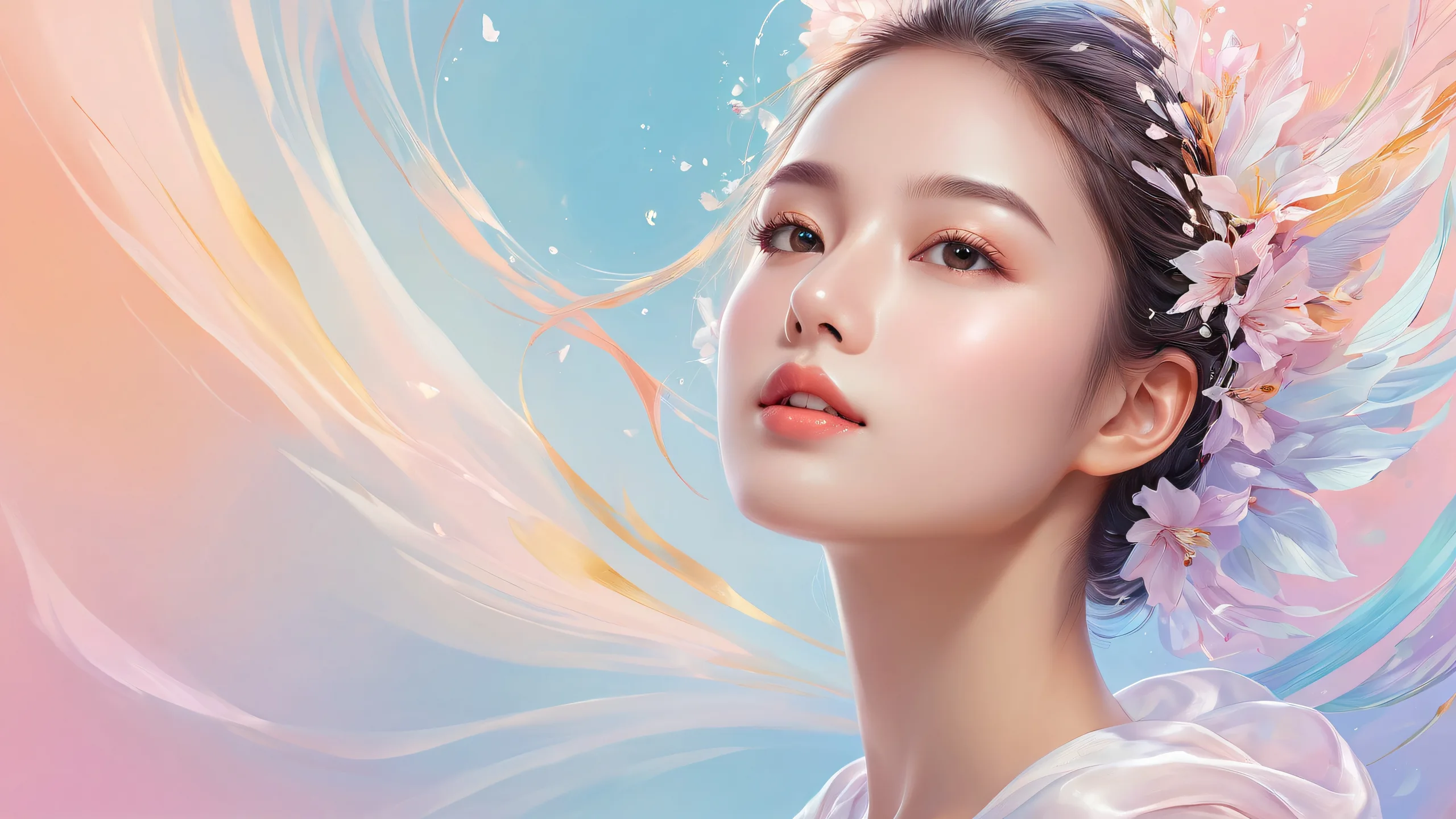 A beautiful woman amidst a vast, pure void on a desktop or PC, with radiant lighting and stunning visual impact.