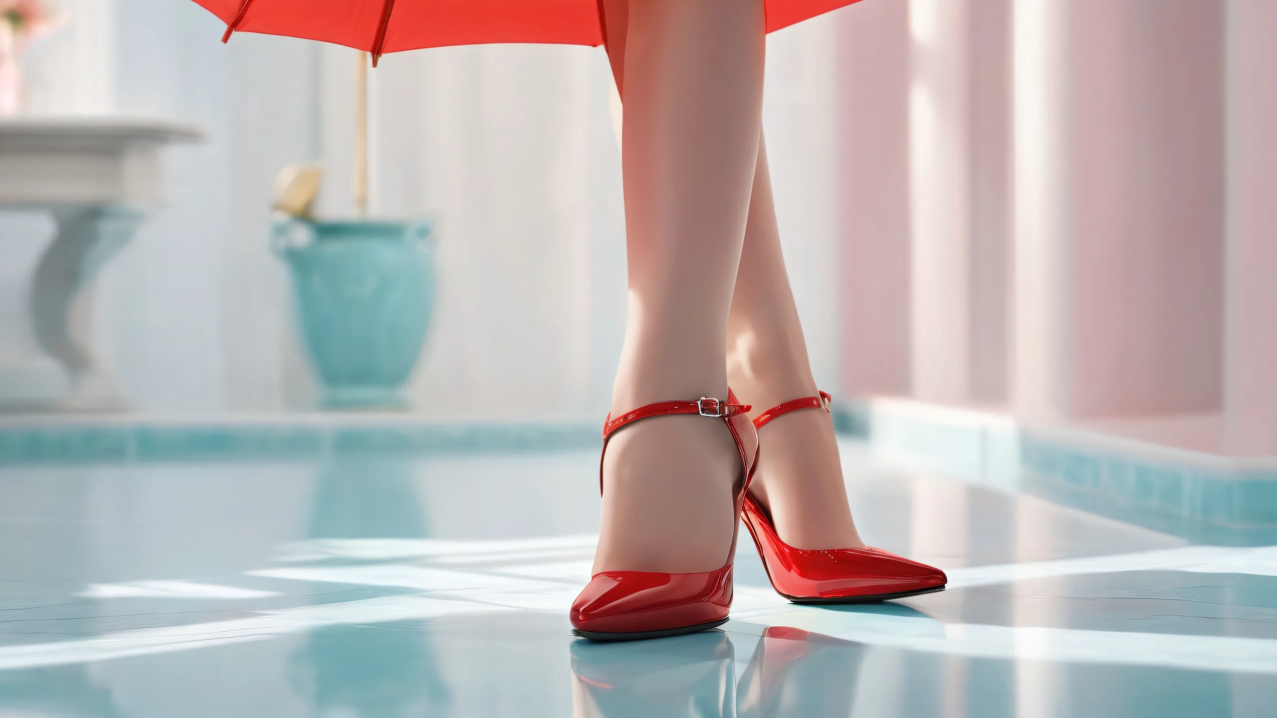 A serene and breathtaking desktop wallpaper featuring a woman standing amidst a vast pure void with radiant, brilliant colors and ray traced reflections.