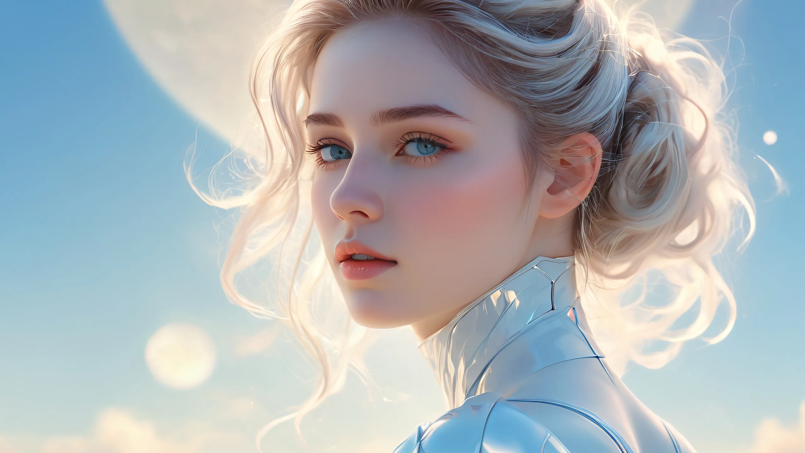 A serene and futuristic desktop scene featuring a woman in a pure void with subtle celestial bodies in the distance, perfect for your PC or Desktop.