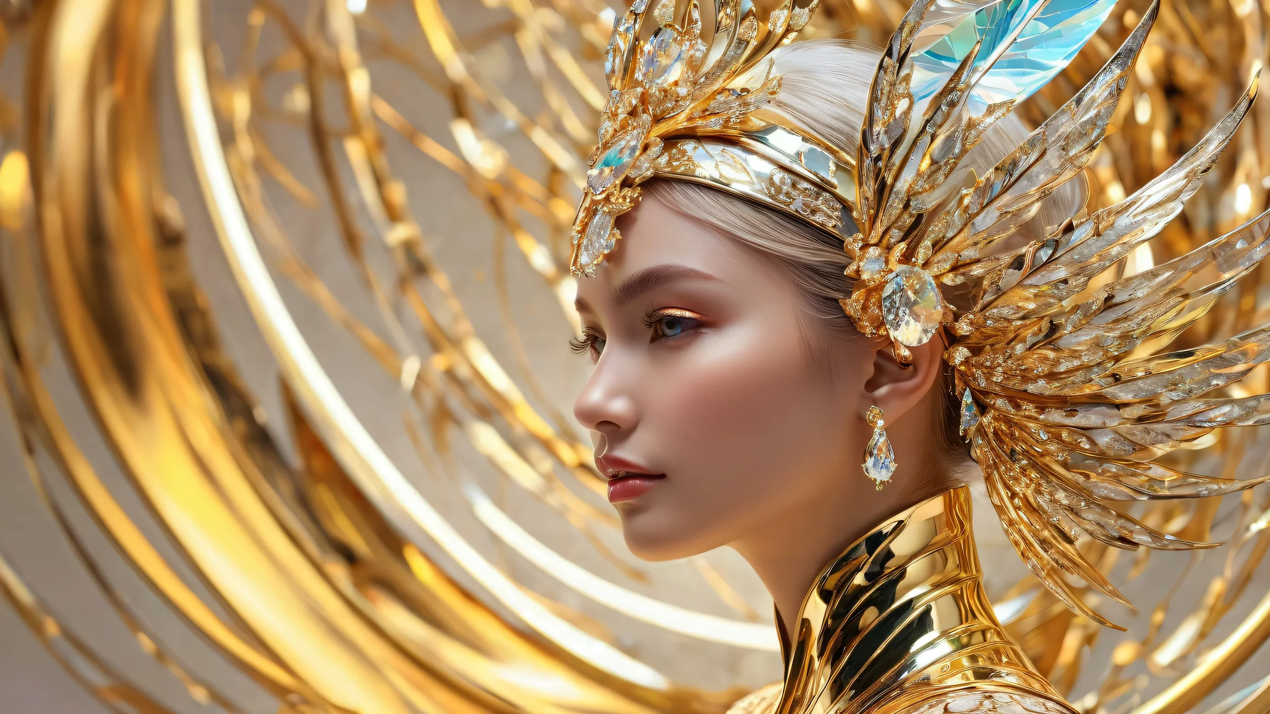 A prestigious woman sits peacefully in a vast, pure void, surrounded by ethereal lighting and brilliant colors, perfect for your desktop/pc.