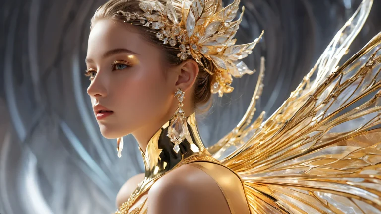 Stunning desktop wallpaper featuring an ethereal woman amidst a vast, pure void with luxurious gold trim and breathtaking depth of field on a Desktop/PC.