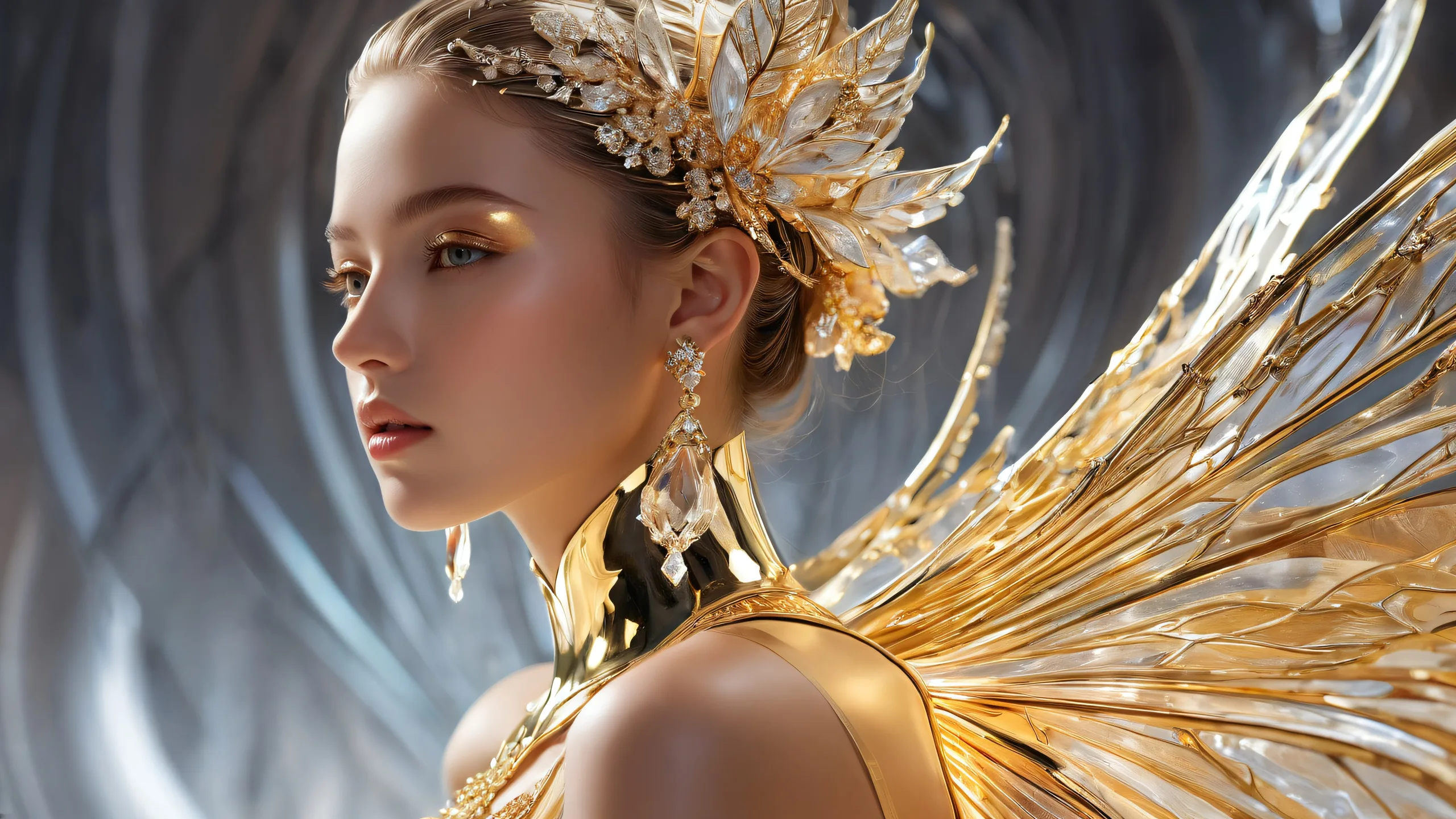 Stunning desktop wallpaper featuring an ethereal woman amidst a vast, pure void with luxurious gold trim and breathtaking depth of field on a Desktop/PC.