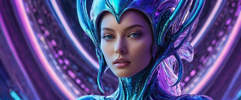 Alien woman against a pure void, desktop/pc wallpaper with radiant colors and ray traced reflections for macOS