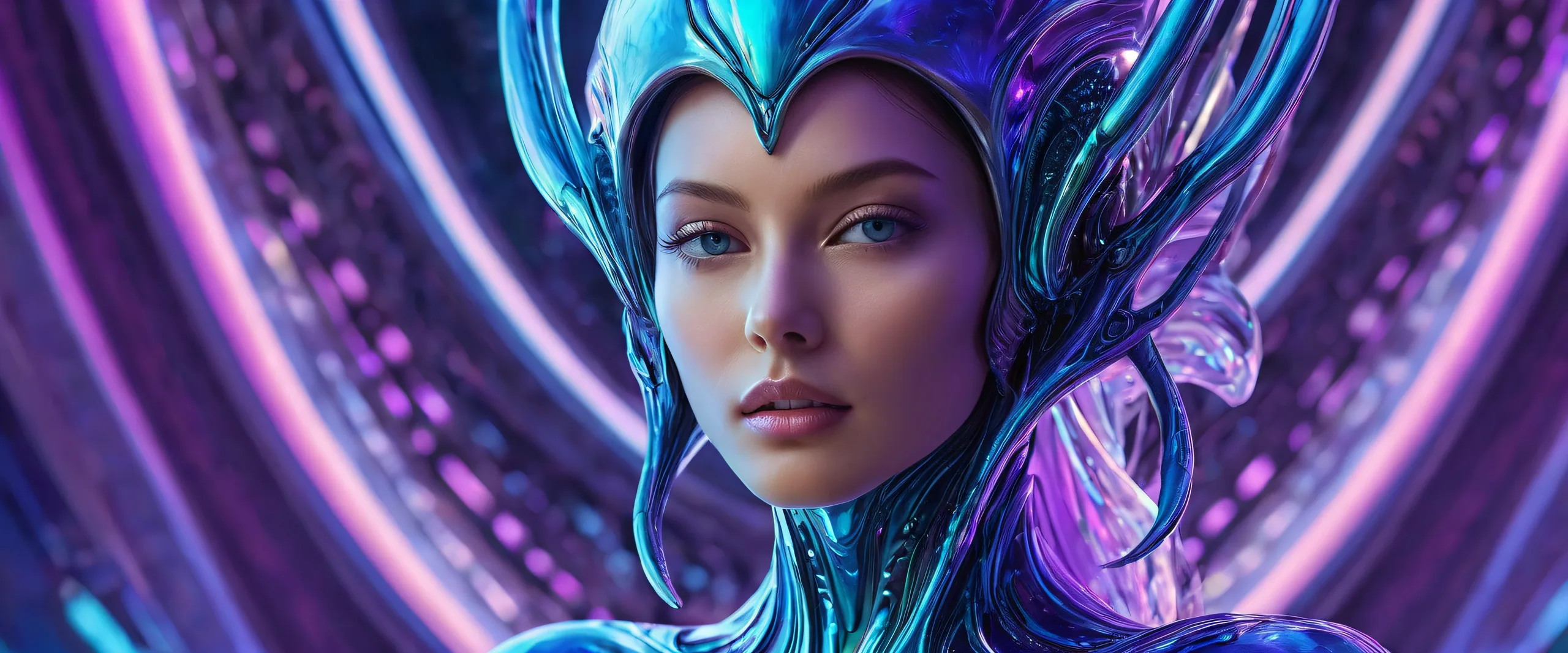 Epic Ethereal Oasis of Neon Dreams Desktop Wallpaper Alien woman against a pure void, desktop/pc wallpaper with radiant colors and ray traced reflections for macOS