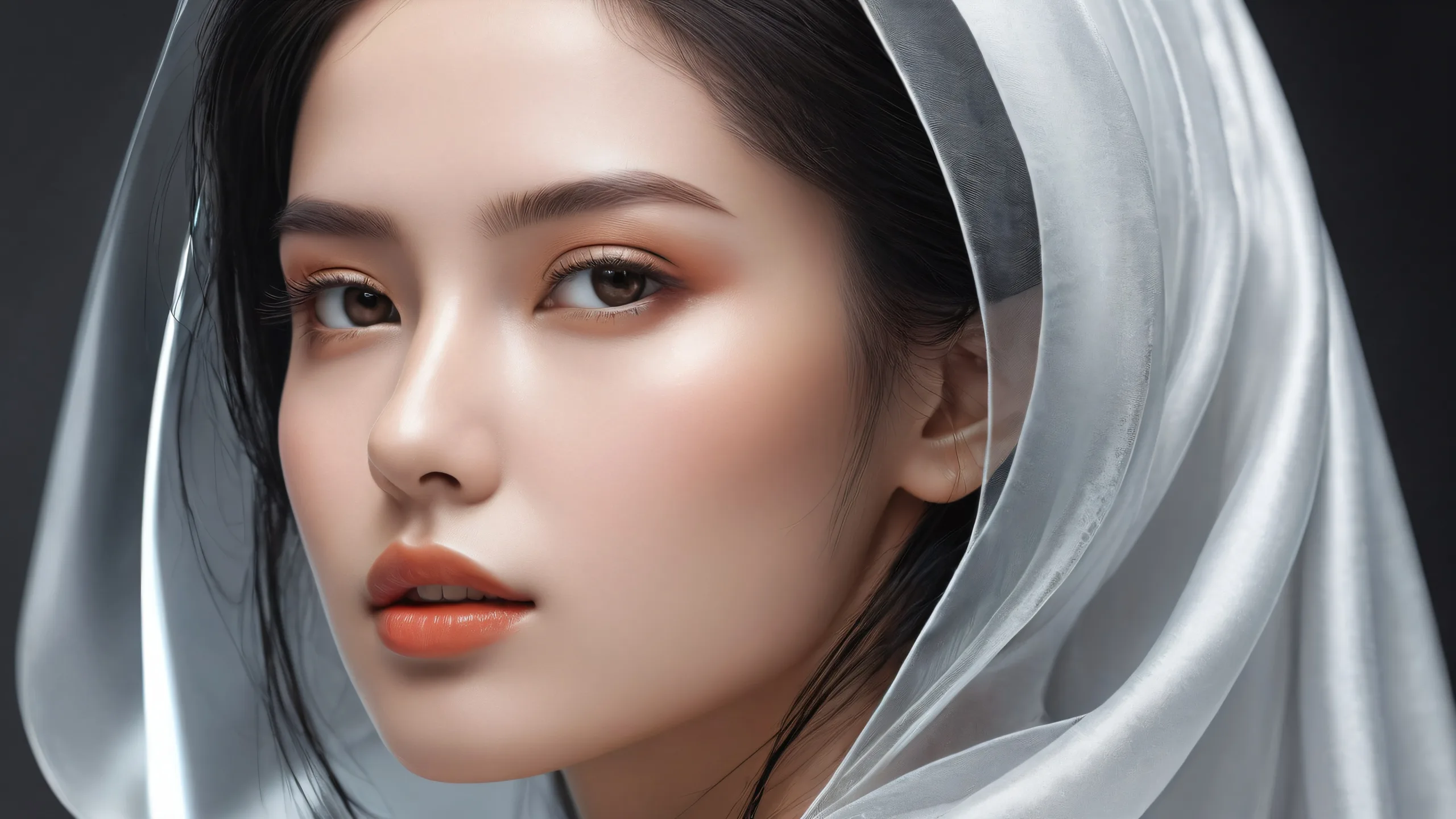 A serene and stunning digital art piece featuring a woman set against a vast pure void with extreme depth of field, perfect for desktop or PC backgrounds.