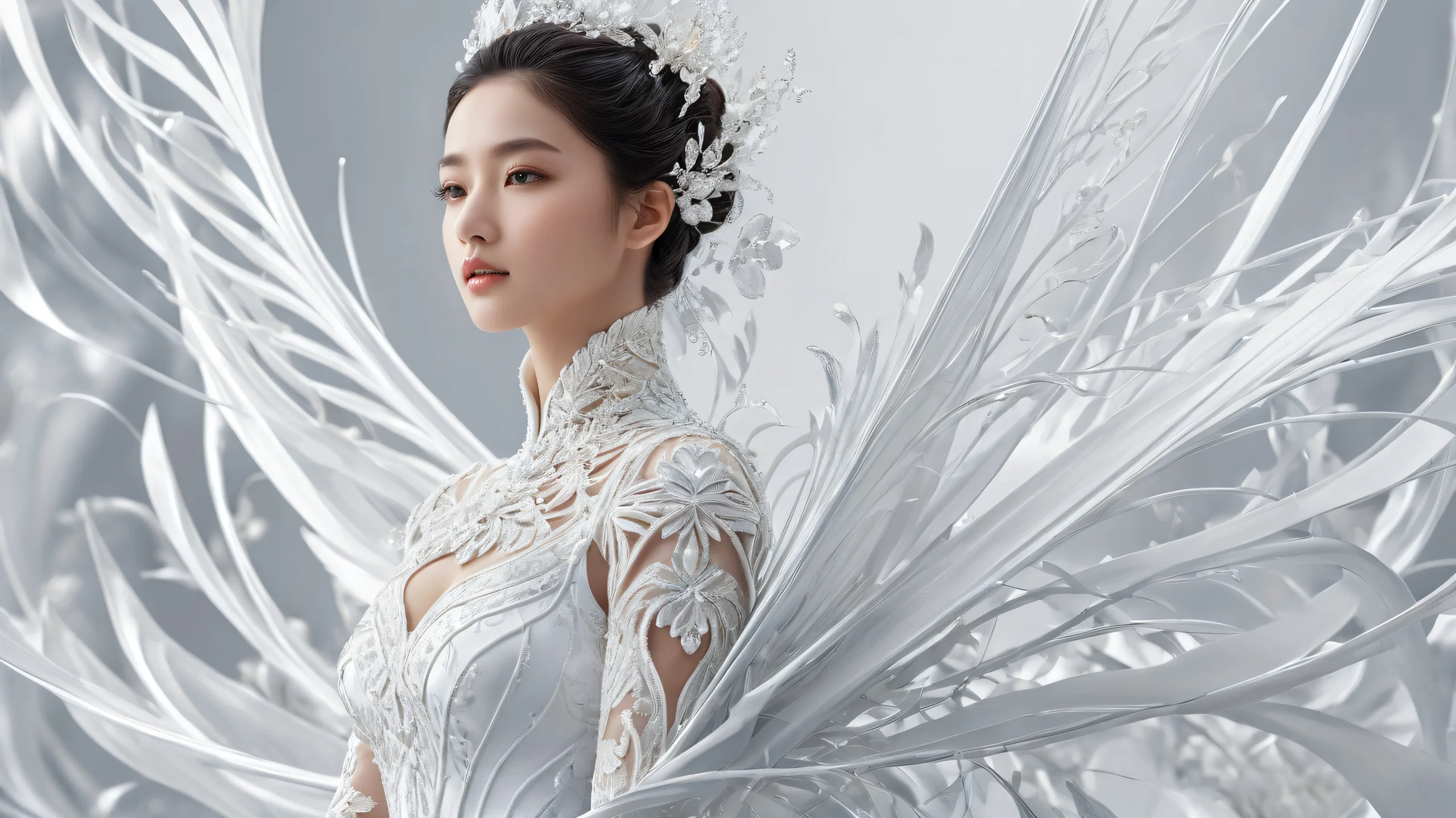 Woman in a vast, pure void on a desktop/PC, with award-winning digital art and radiant colors.