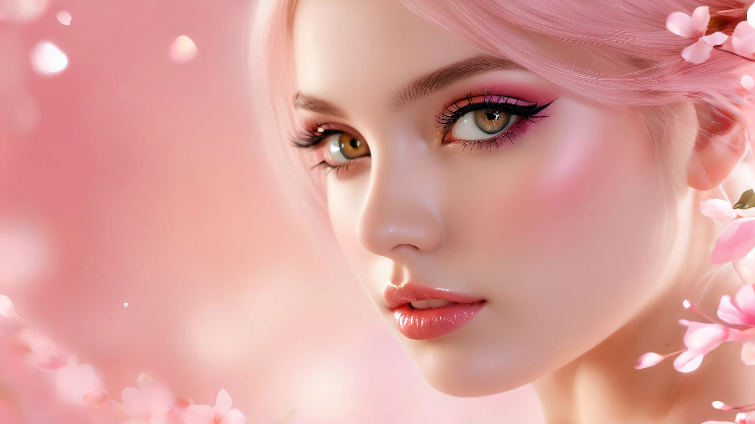 Ethereal Oasis of Radiance Aesthetic PC WallpaperPerfekt für Ihren Desktop/PC Stunning desktop wallpaper featuring a beautiful face amidst a vast pure void with extreme depth of field, perfect for your Desktop/PC