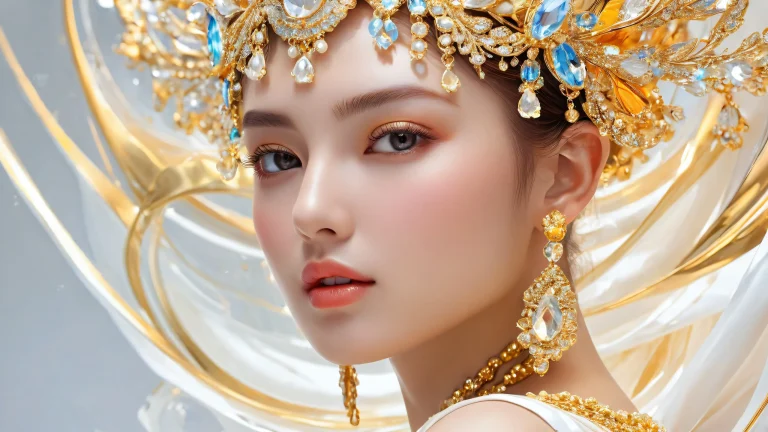 Beautiful woman surrounded by pristine void, desktop/pc background with stunning visual impact and radiant colors.