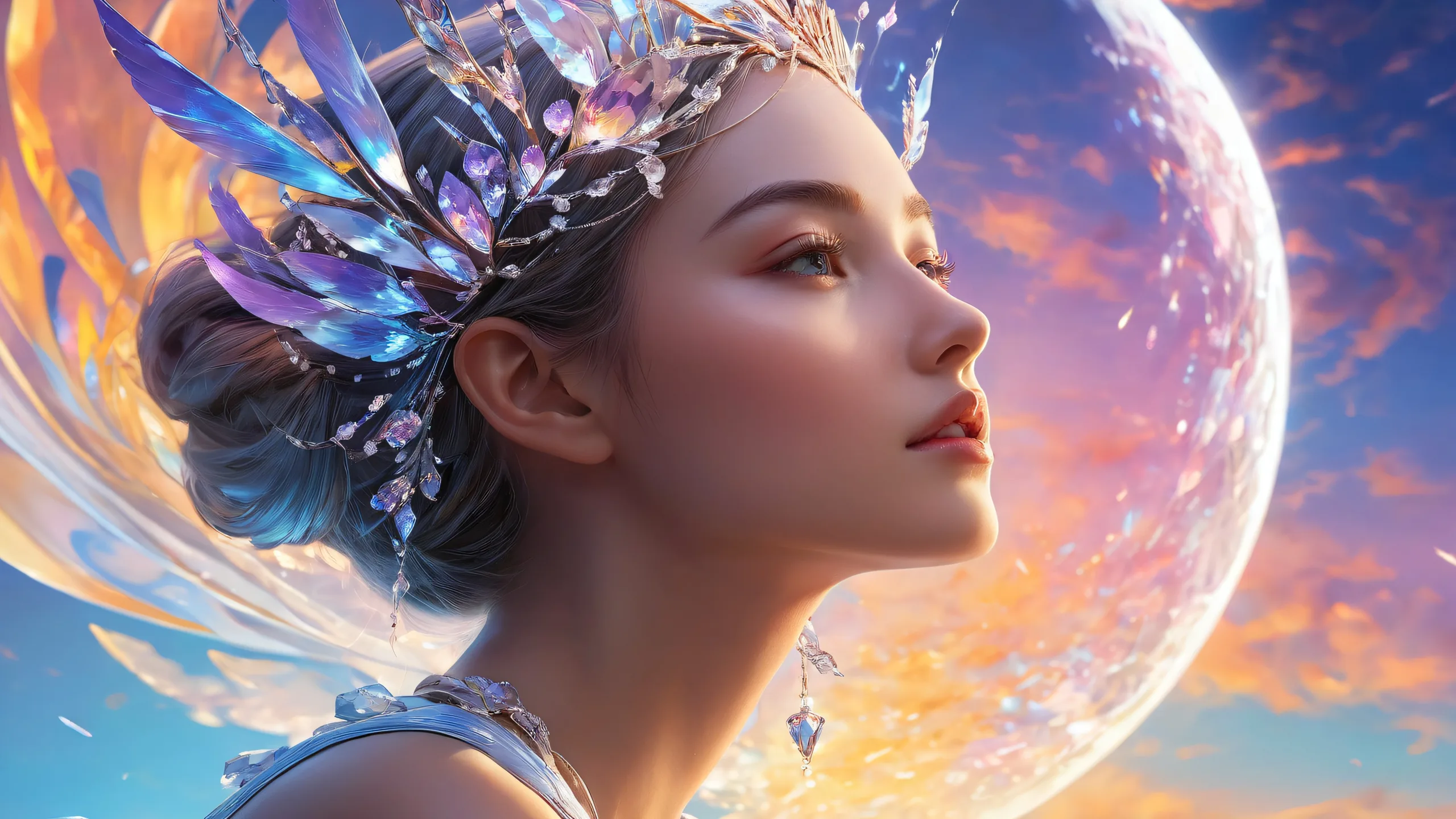 Woman amidst a vast pure void on a desktop/pc with radiant colors and reflections, for a serene atmosphere.