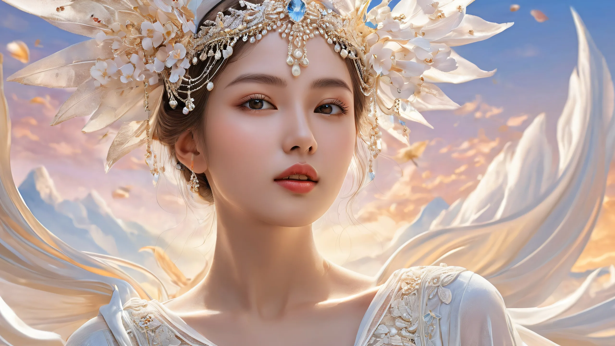 ウルトラ HD 静寂の幻想的なオアシスの壁紙デスクトップ/PCに最適 A stunning portrait wallpaper featuring a woman set against a vast pure void with subtle texture and ethereal lighting, perfect for your Desktop/PC.