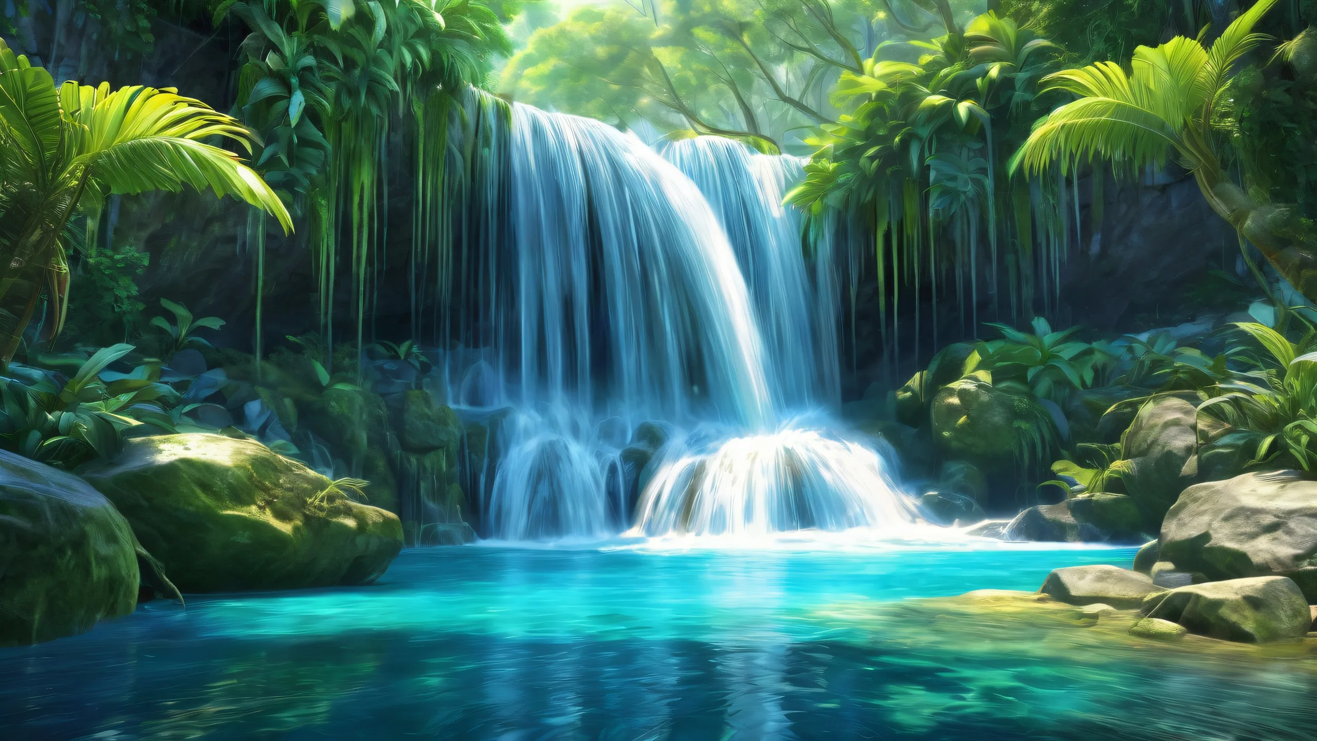 A breathtaking desktop wallpaper featuring a pristine waterfall scene for Desktop/PC use. Stunning visuals and ethereal lighting.
