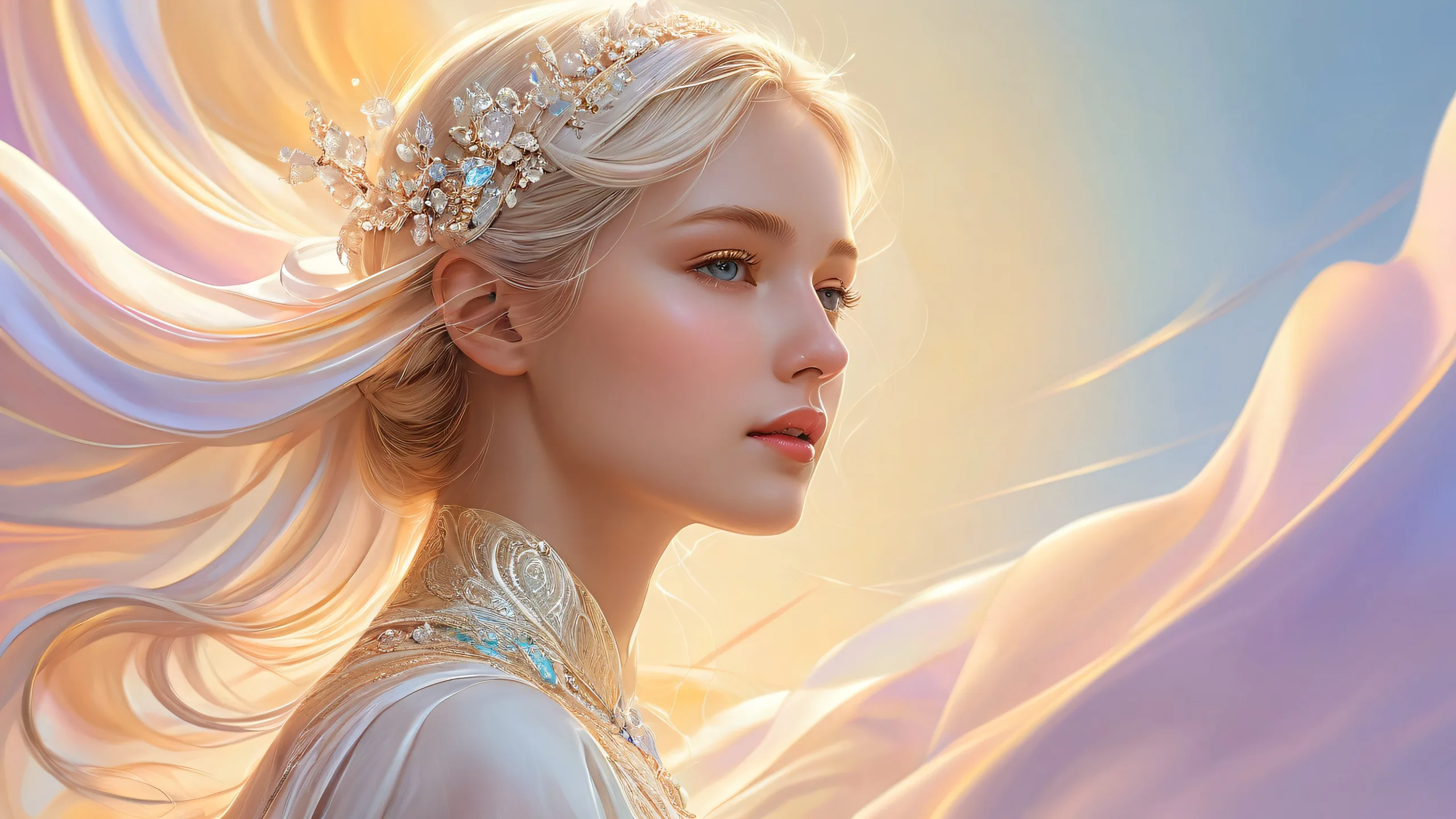 A beautiful digital artwork of a woman amidst a vast pure void with soft fabrics and ethereal lighting for desktop/pc use.